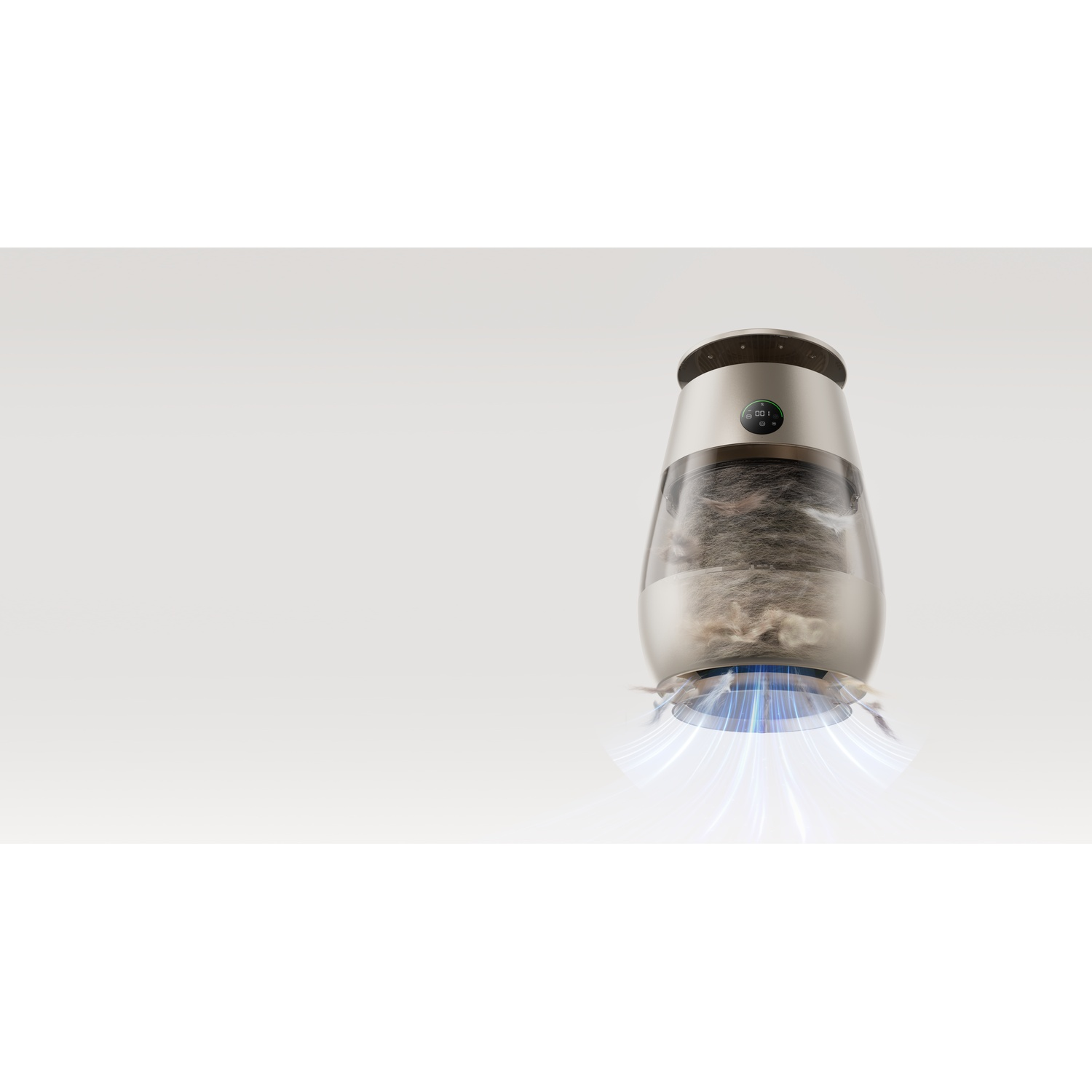 A modern air purifier with a transparent bin filled with dust and hair.