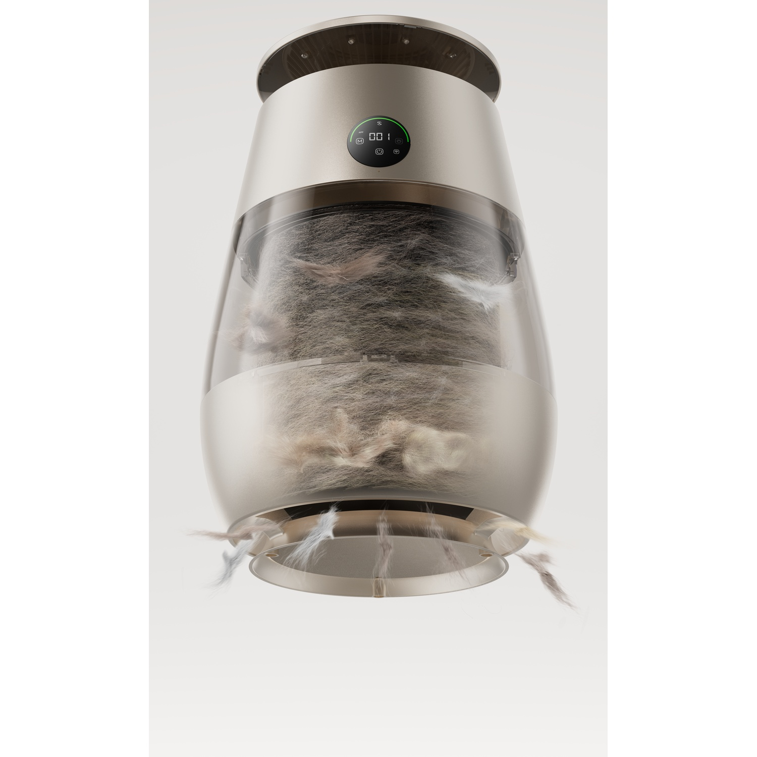 A silver air purifier with a clear canister, filled with hair and fluff.