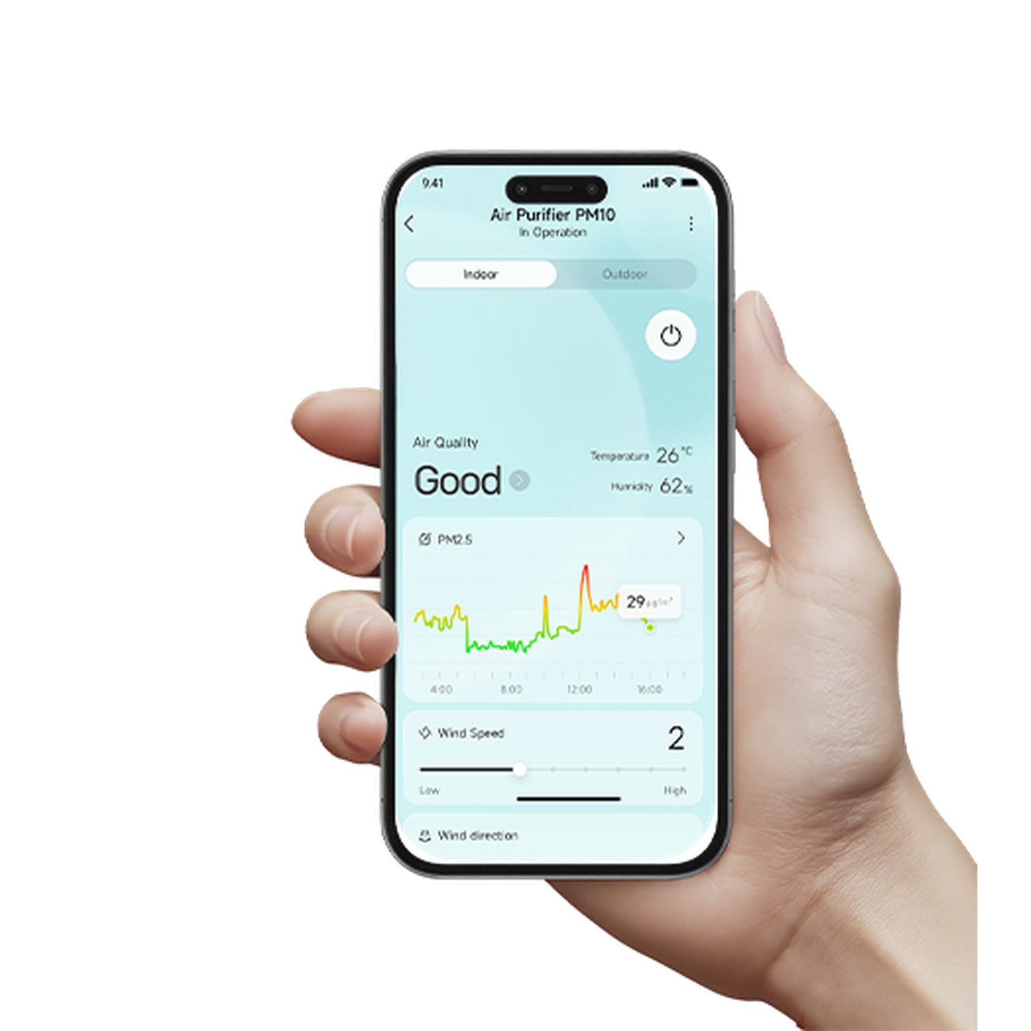 Hand holding smartphone with air purifier app. Shows good air quality, 26°C, 62% humidity.