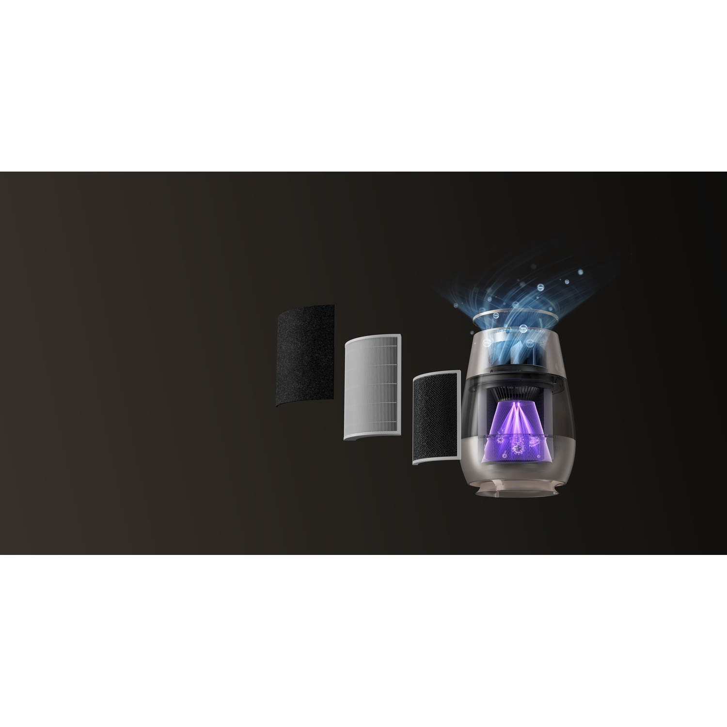 Air purifier components: two filters and a UV lamp with airflow.