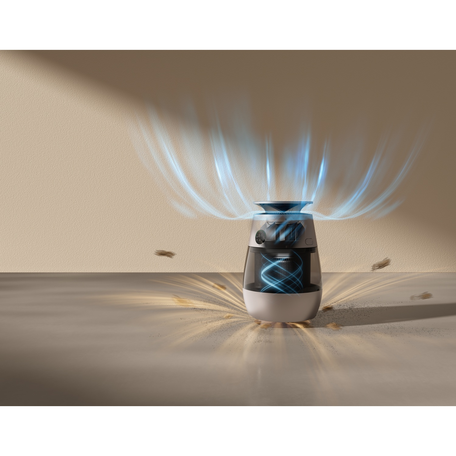A modern air purifier sucks in dust and debris, with blue light emanating upwards.