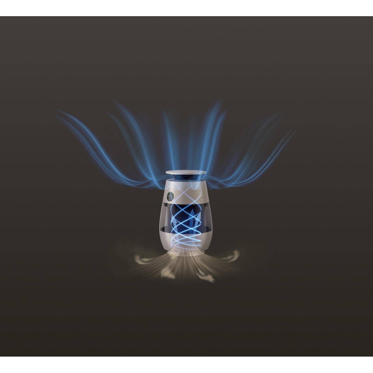 A white air purifier with blue light representing air flow.