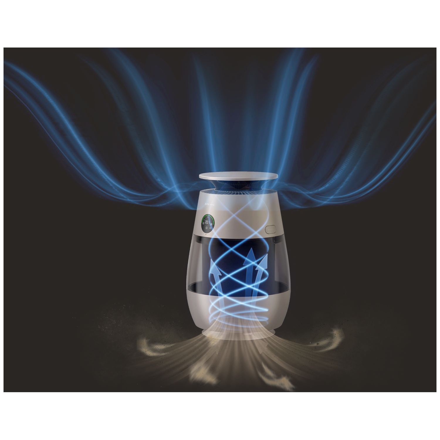 Air purifier with blue air currents and dust swirling at the bottom.
