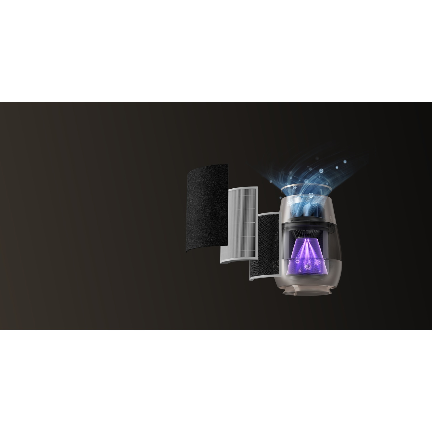 Air purifier showing layered filters and UV light.