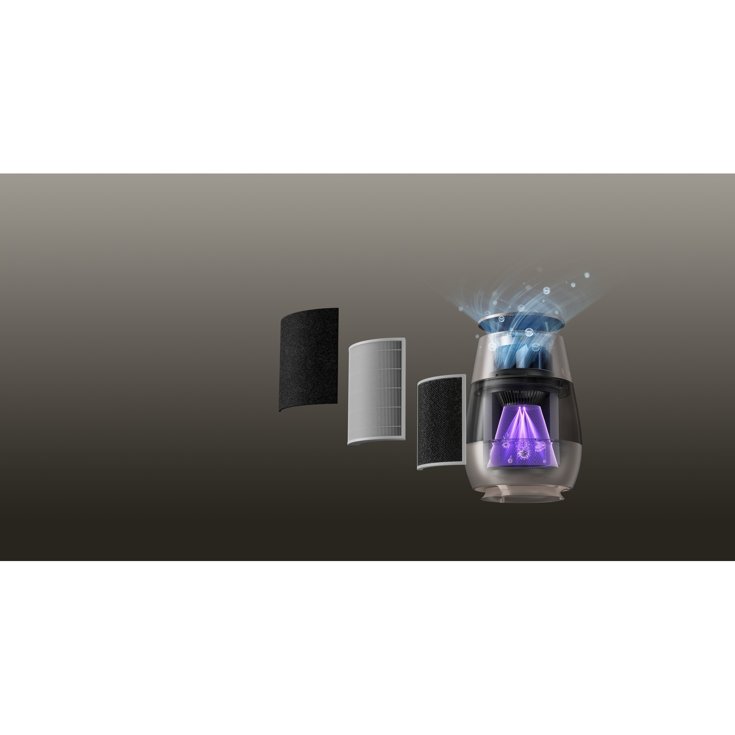 Air purifier with filters and UV light. Air flows out.