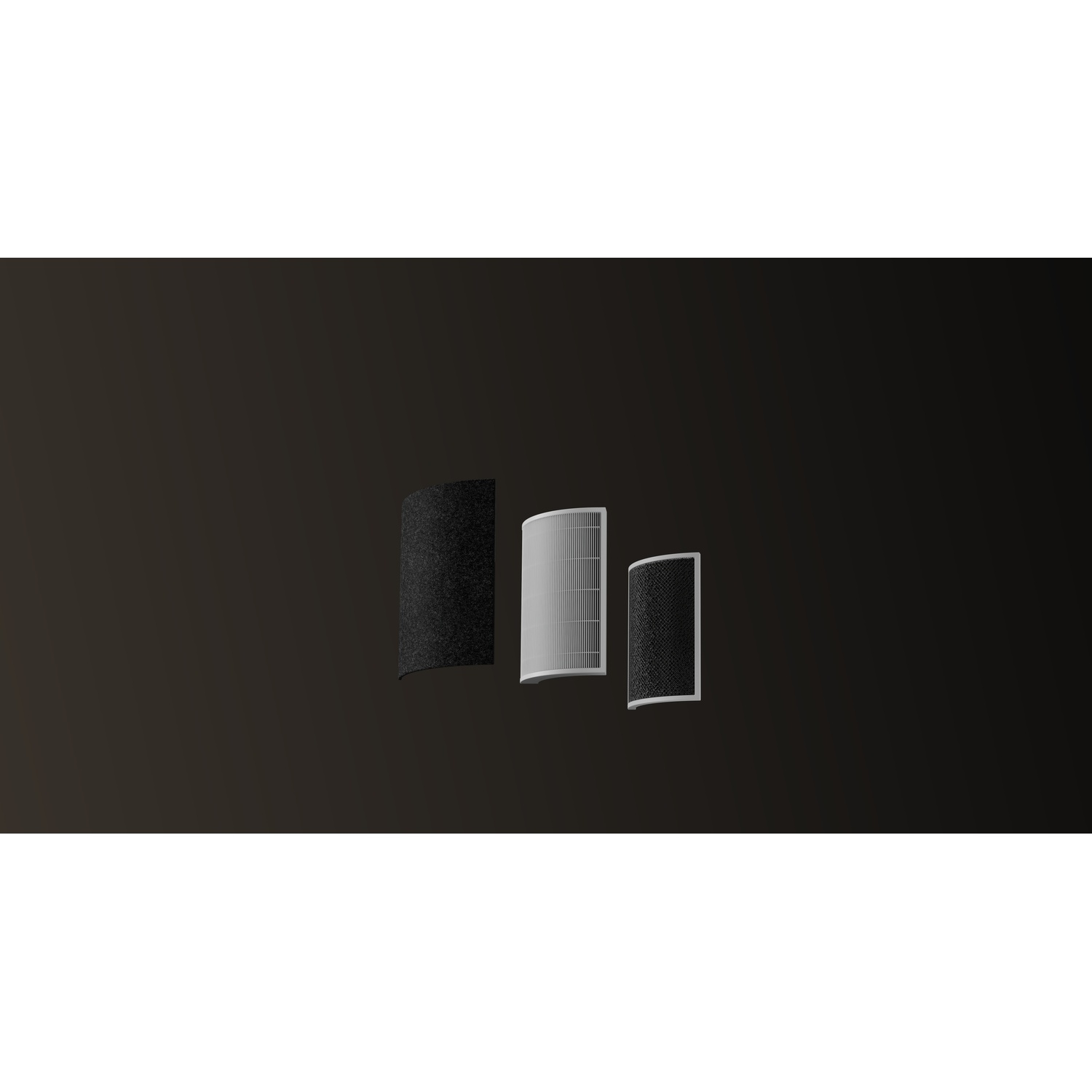 Three air filters on a dark background: two black carbon filters and one white pleated filter.
