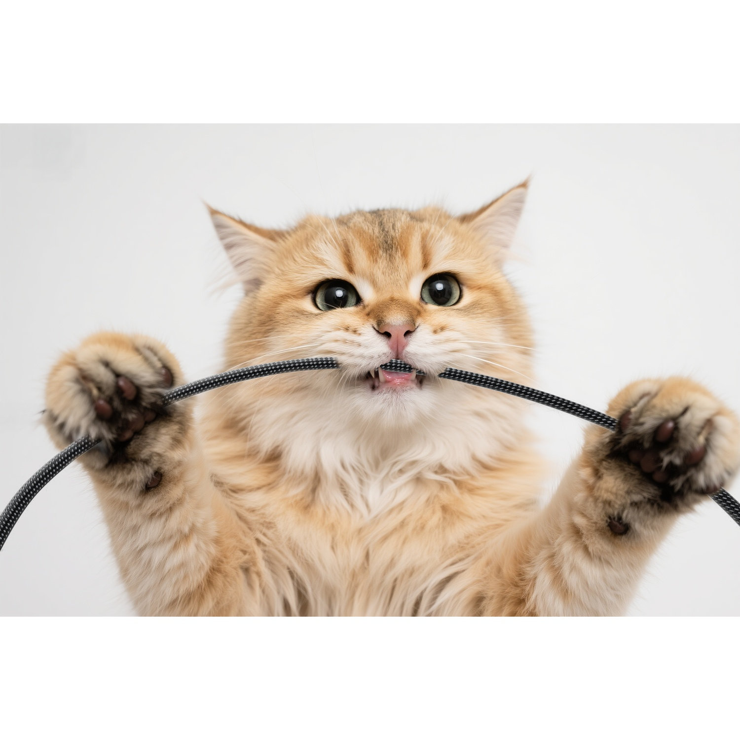 A fluffy golden cat with green eyes is biting a black cable.