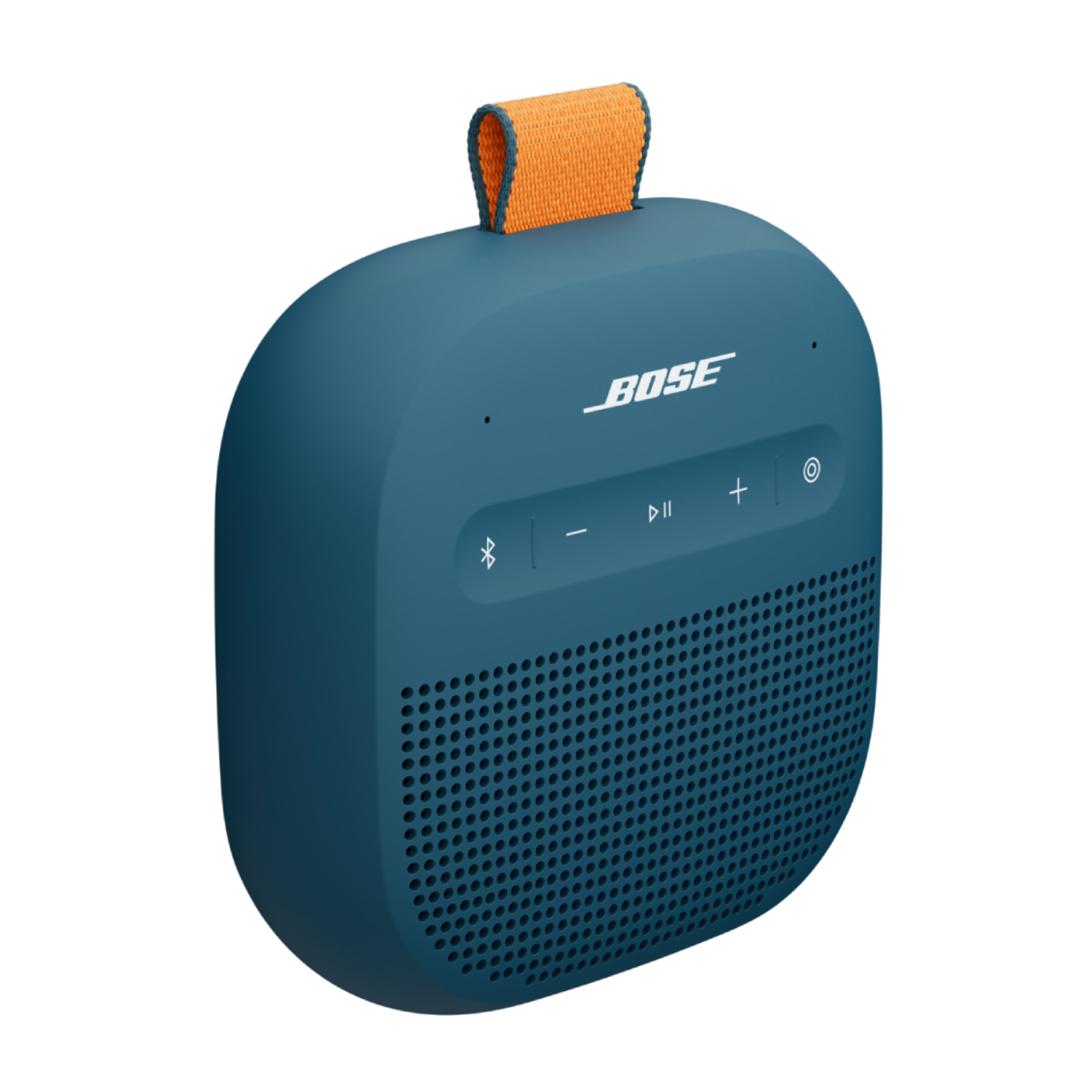 Altoparlante Bluetooth Bose blu con cinghia arancione e pulsanti.