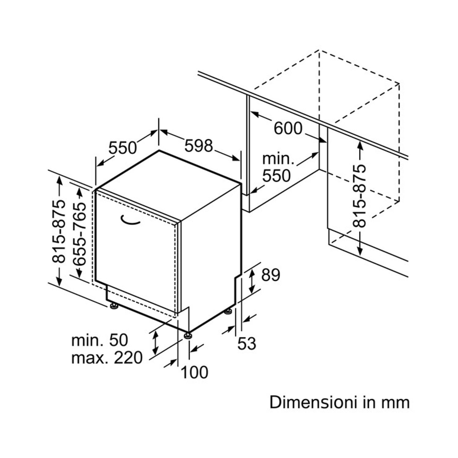 Disegno tecnico di una lavastoviglie con dimensioni in mm.