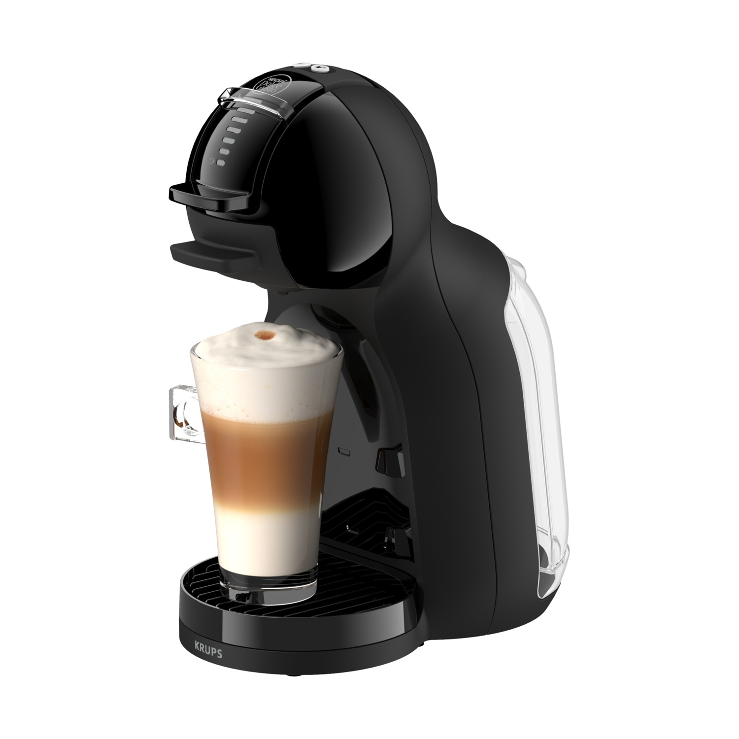 Macchina da caffè nera con un latte macchiato in un bicchiere.