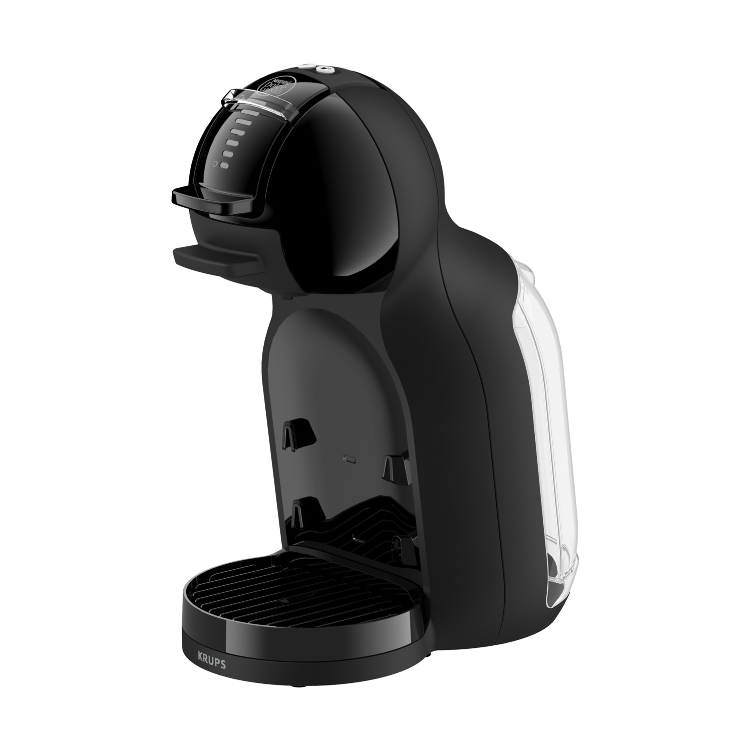Una macchina da caffè nera con serbatoio dell'acqua trasparente e logo KRUPS.