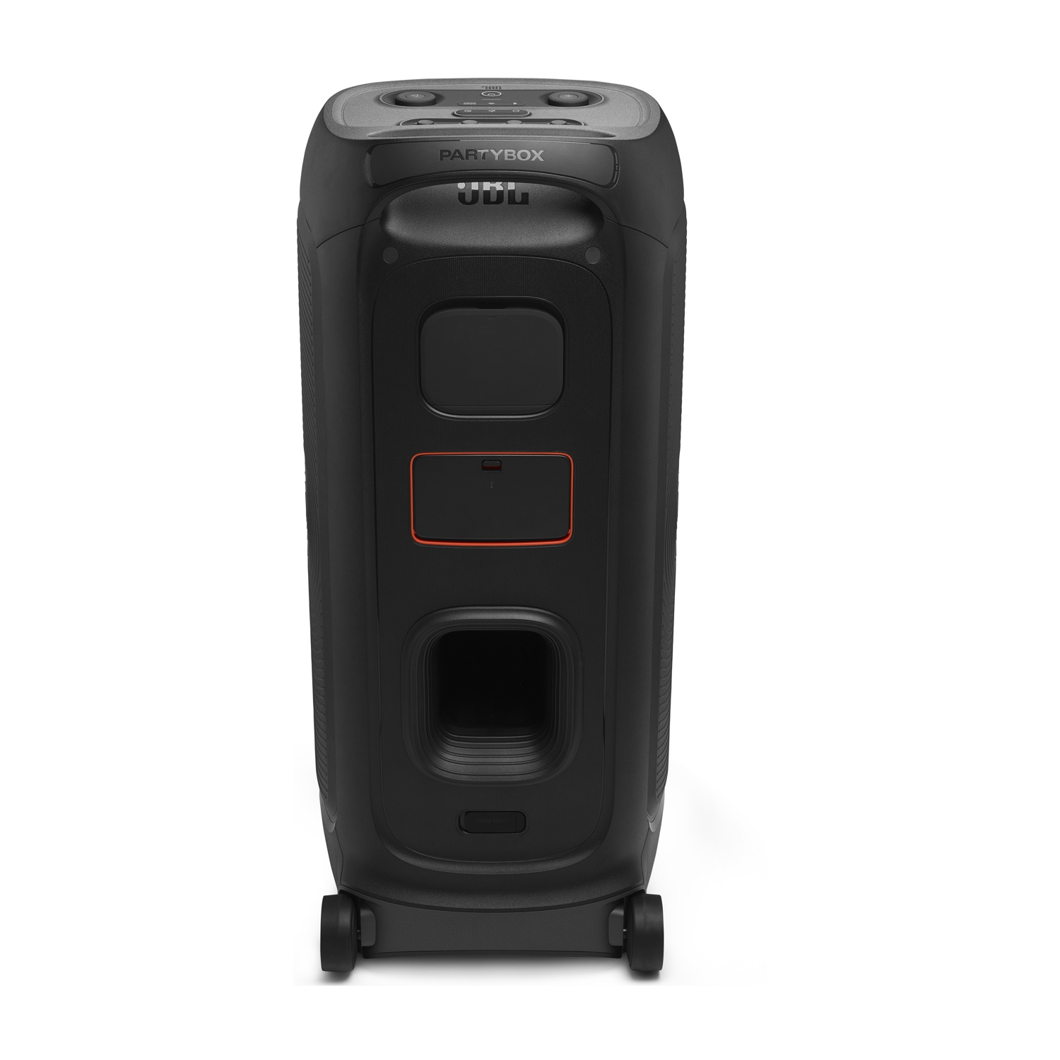 Altoparlante JBL Partybox nero con ruote e controlli superiori.