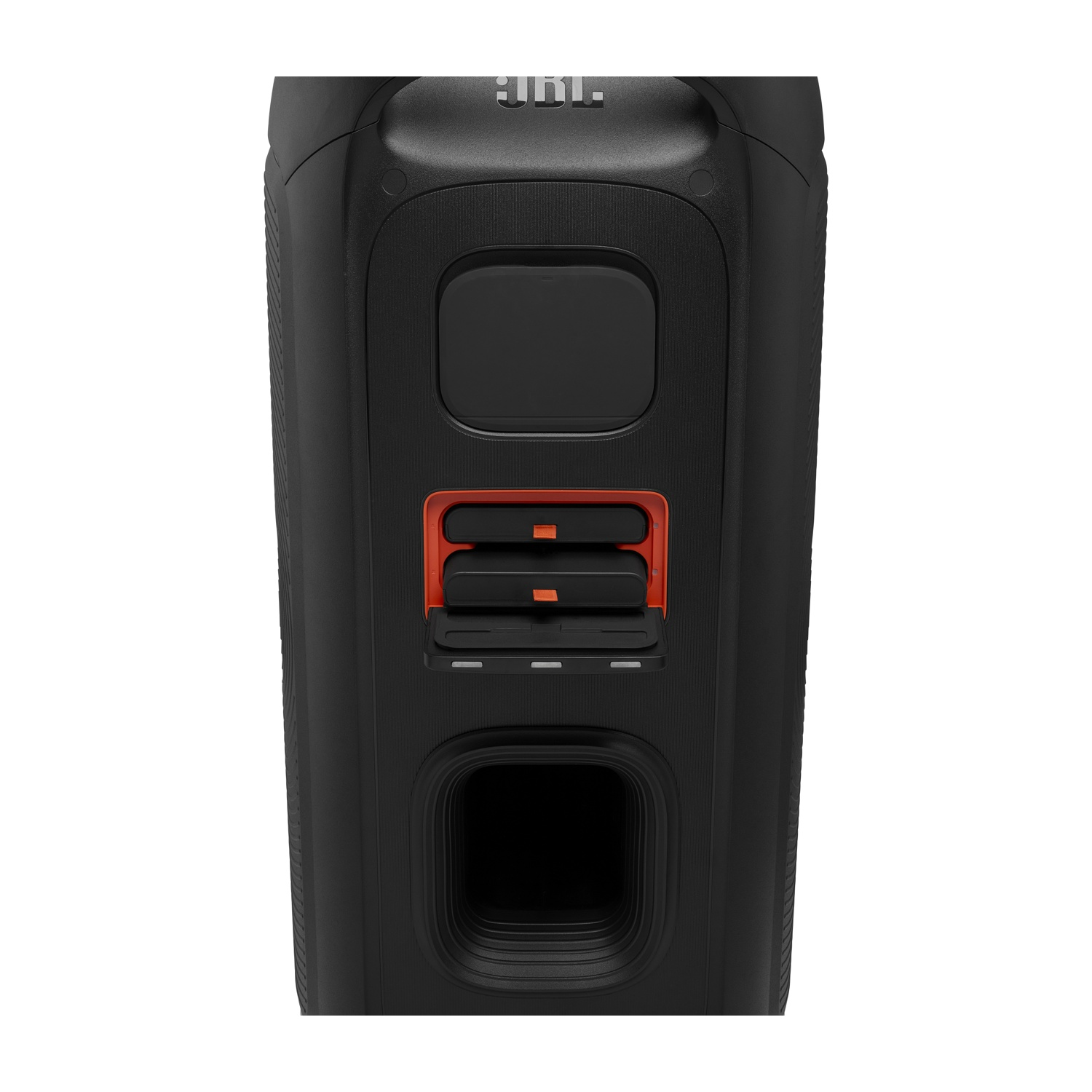 Altoparlante portatile nero con accenti arancioni e uno sportello aperto.