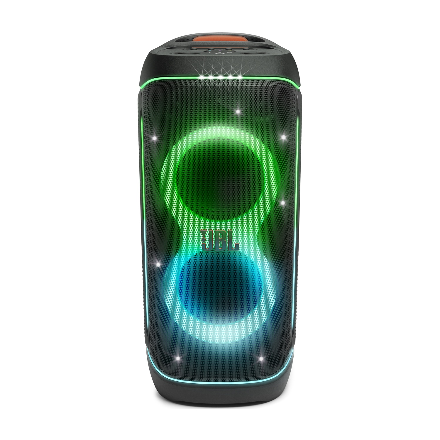 Un altoparlante JBL nero con luci verdi e blu.