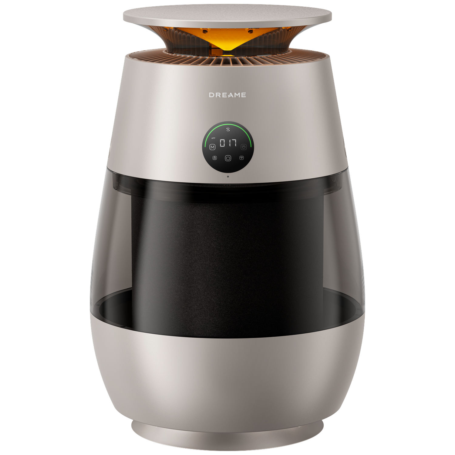 A silver air purifier with a digital display and illuminated top section.