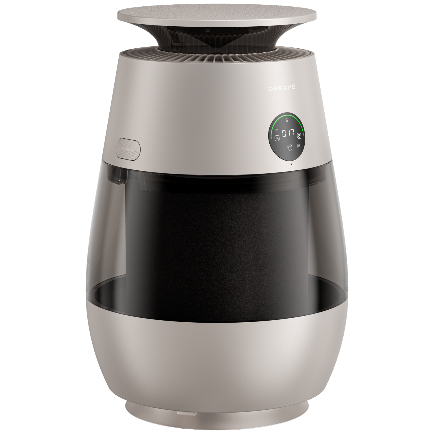 A silver air purifier with a transparent tank and digital display.