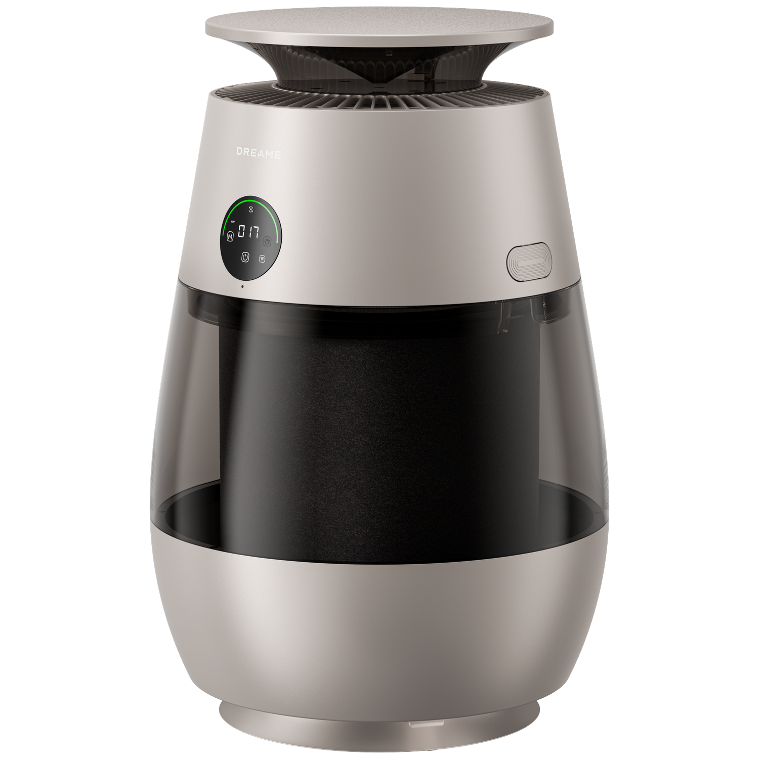 A silver air purifier with a black container and a digital display.