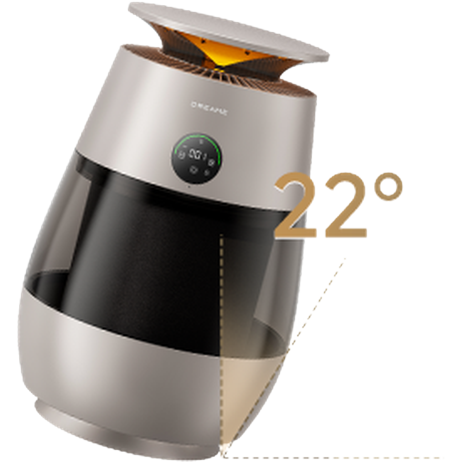 A tilted air purifier with digital display and 22 degrees marking.