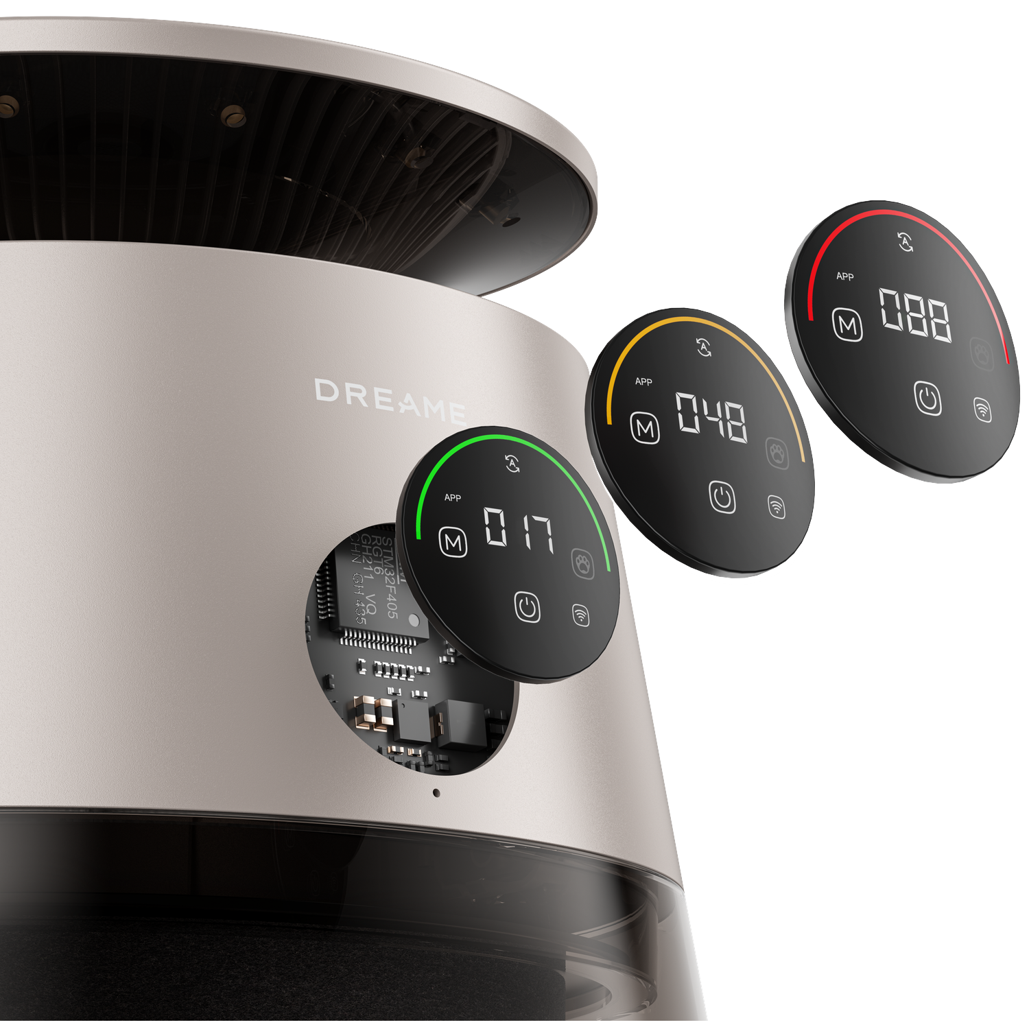 A silver air purifier with three digital displays showing 017, 048, and 088.