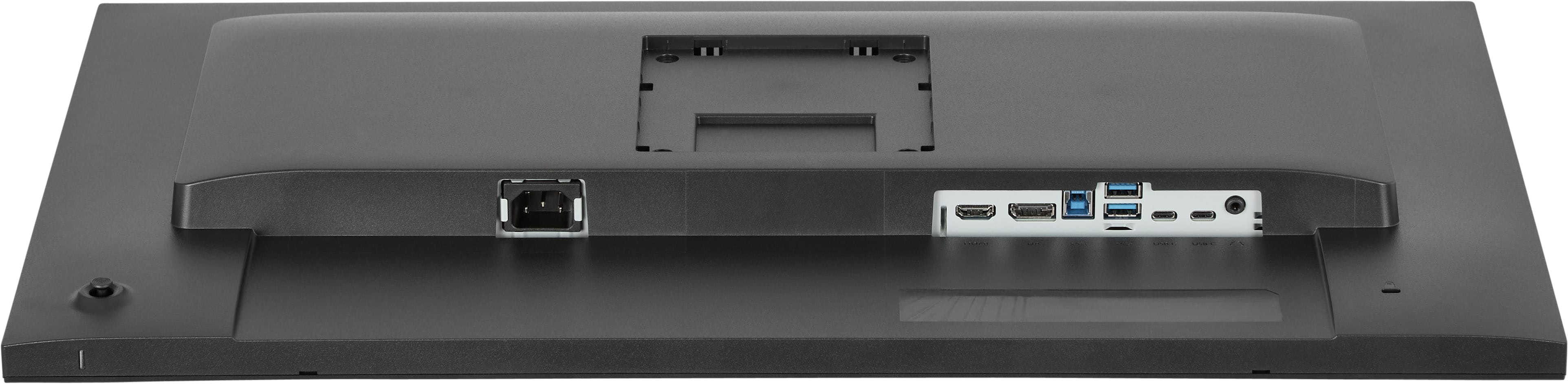 Rückseite eines Monitors mit Anschlüssen: Strom, HDMI, USB-A, USB-C und Audiobuchse.