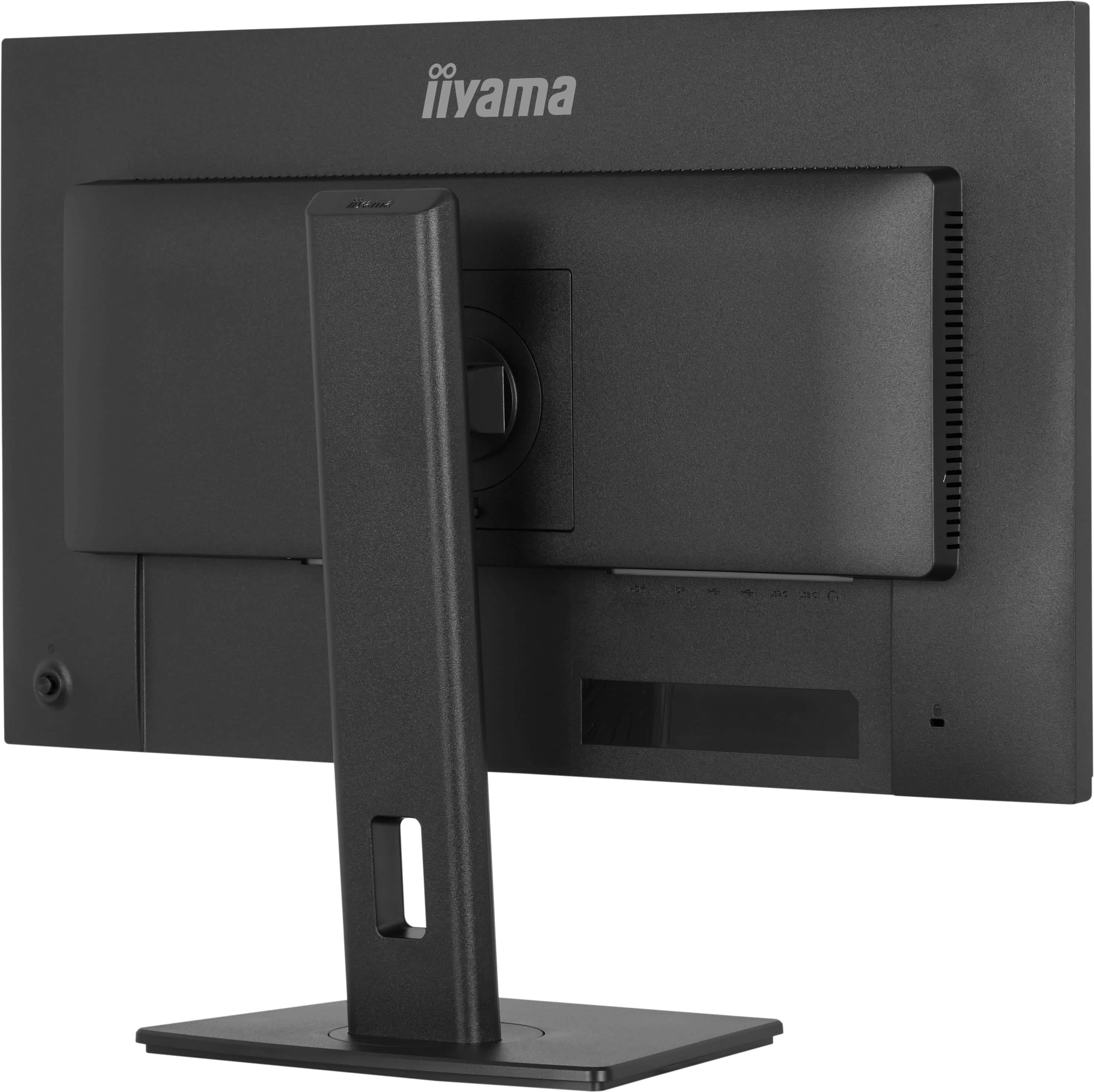 Rückseite eines schwarzen iiyama Monitors mit Standfuß und Anschlüssen.