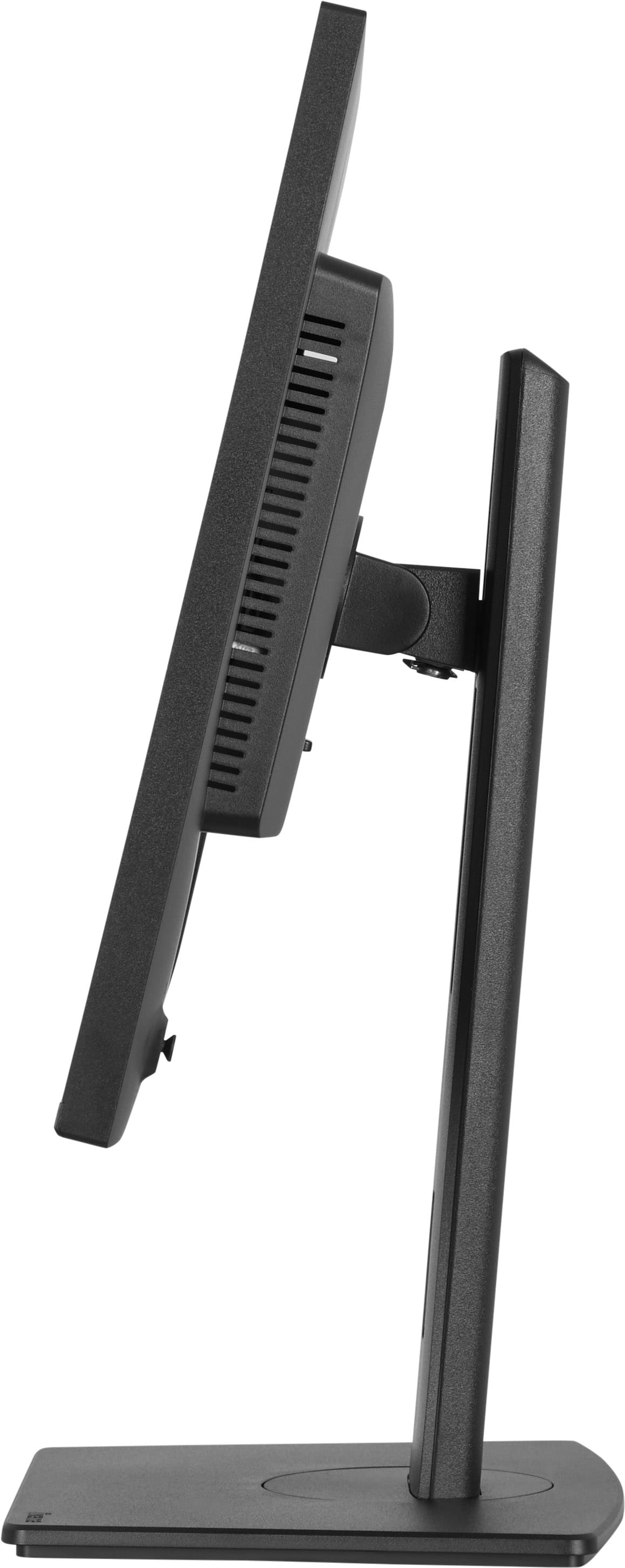 Schwarzer Computermonitor von der Seite, mit schwenkbarem Arm und flachem Sockel.