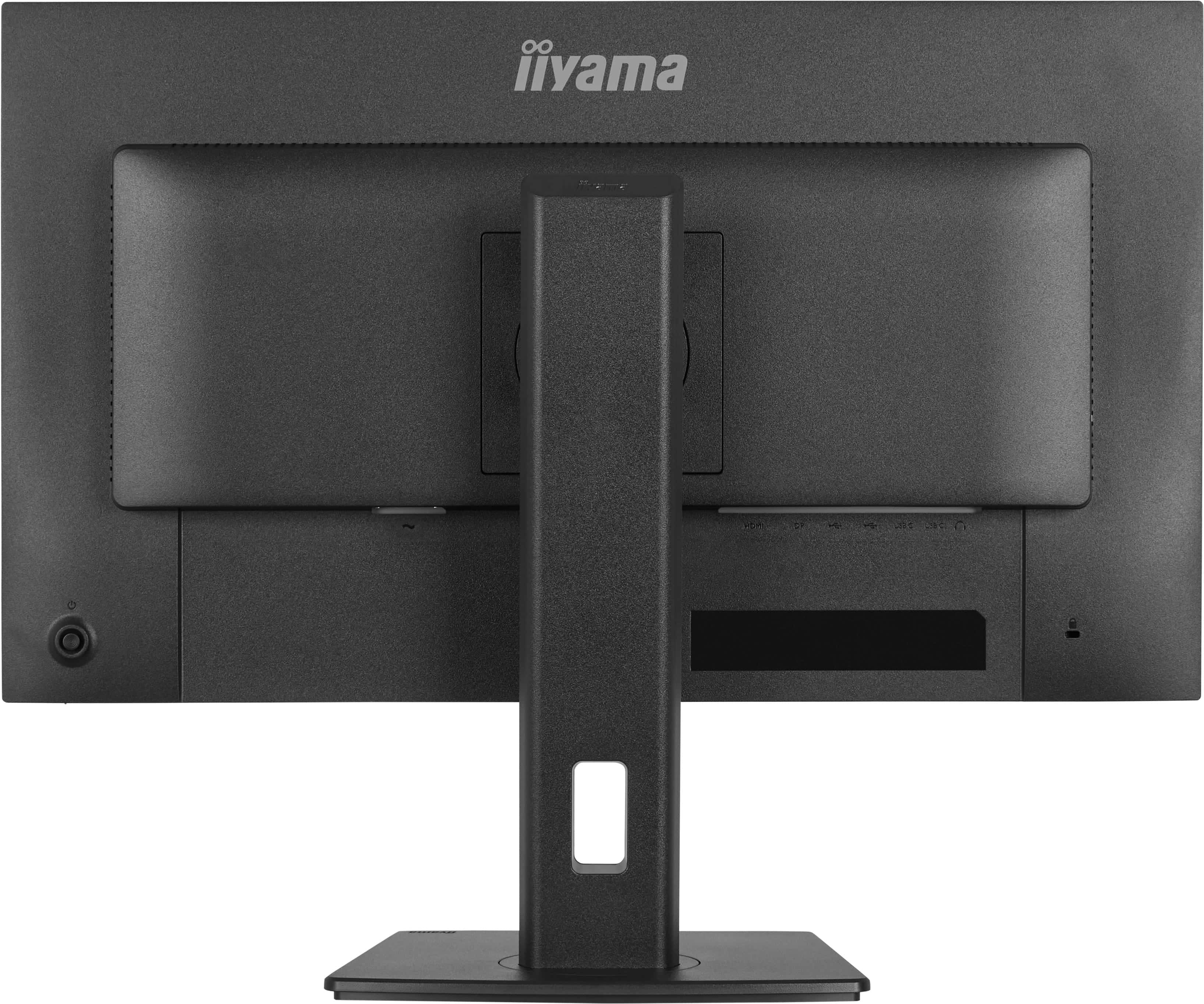 Rückseite eines schwarzen Iiyama Monitors mit Ständer und sichtbaren Anschlüssen.