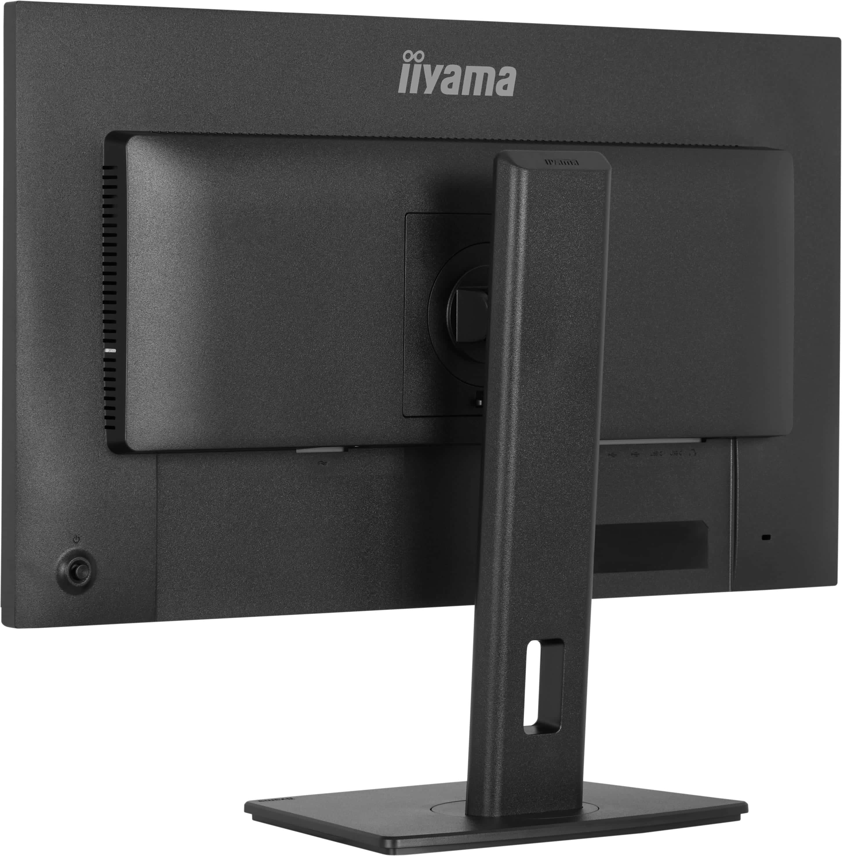 Rückseite eines schwarzen Monitors mit iiyama-Logo und Standfuß.