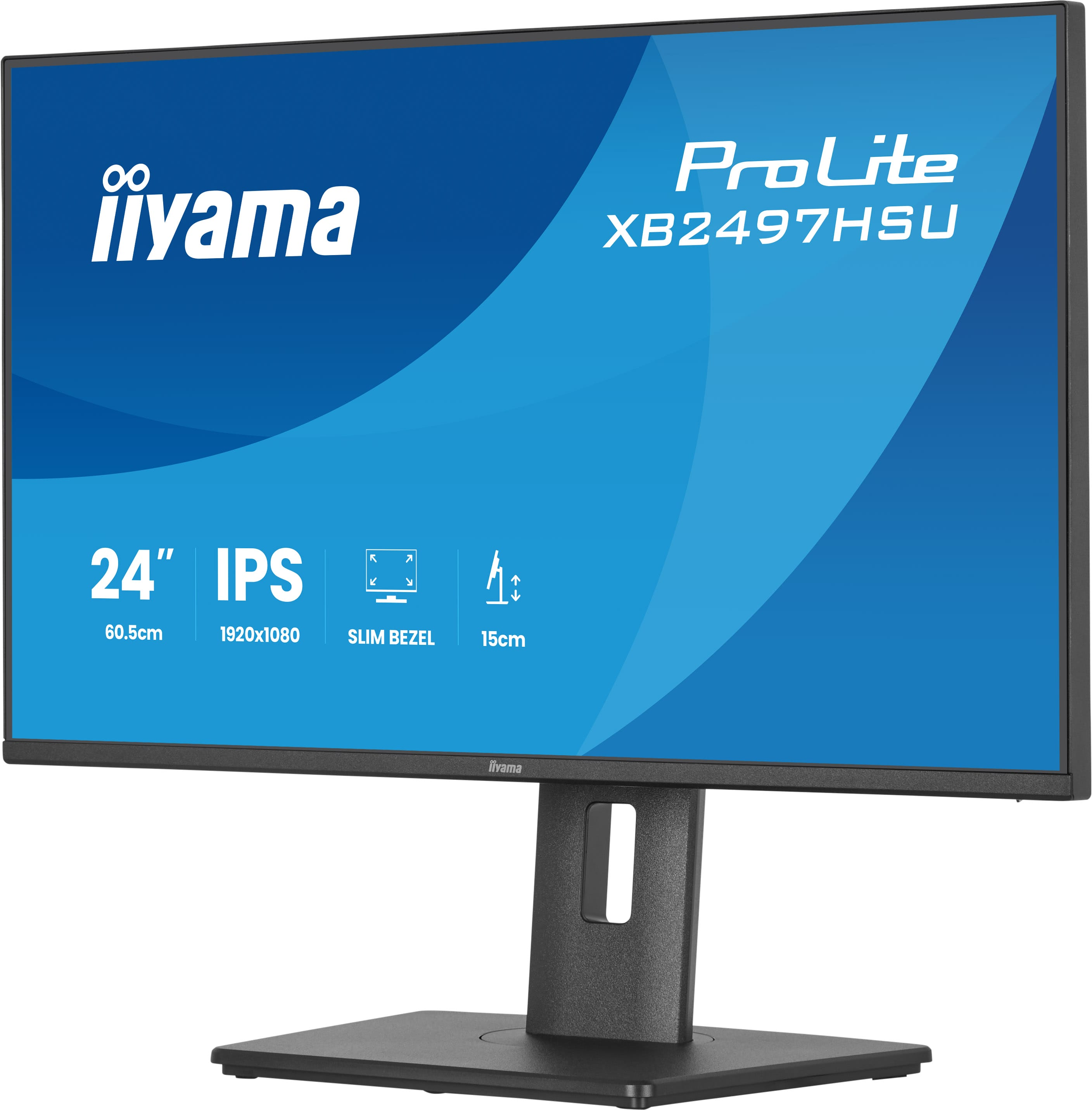 Ein schwarzer Iiyama ProLite Monitor mit 24 Zoll IPS-Display und schlankem Rahmen.