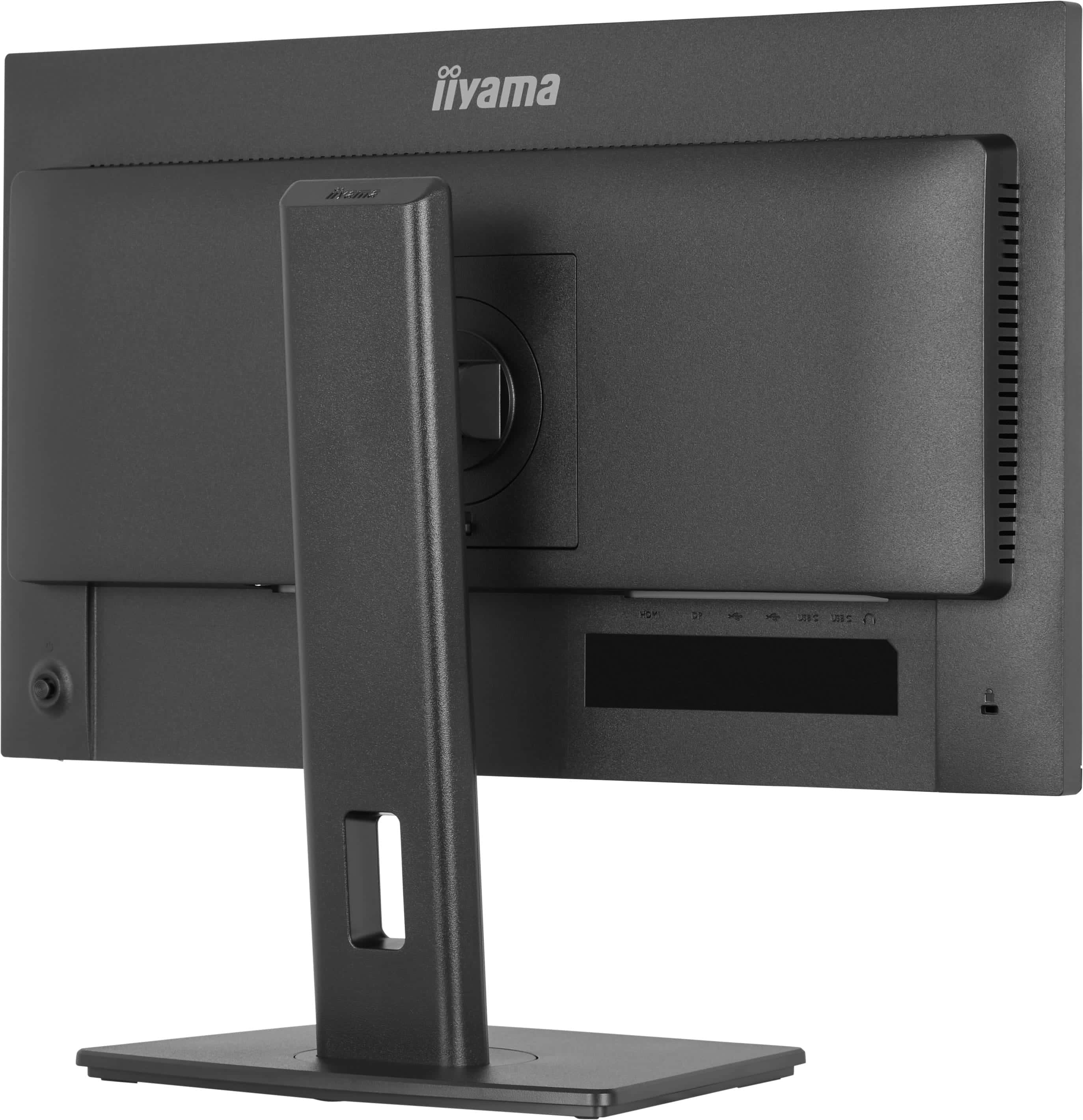 Rückseite eines schwarzen iiyama Monitors mit Standfuß und Anschlüssen wie HDMI, DP, USB-C.