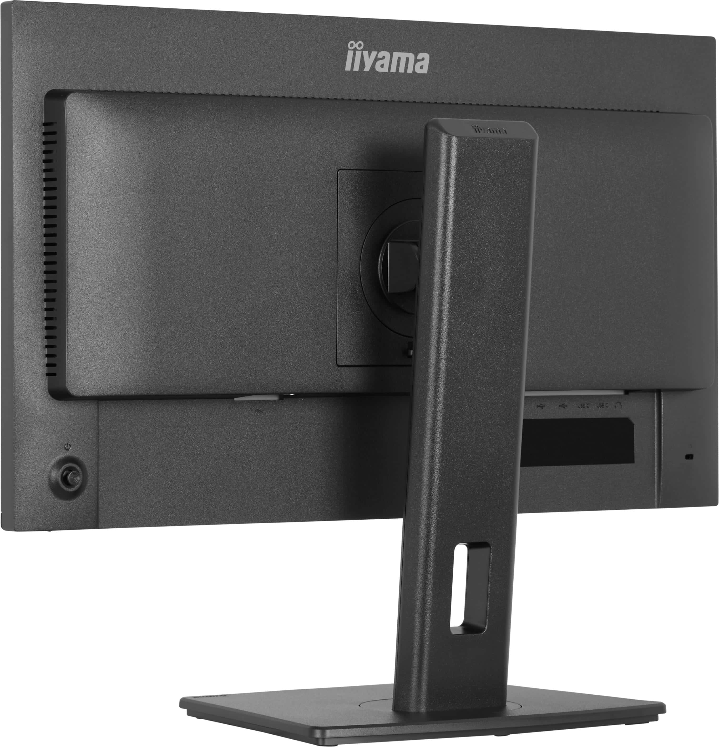 Rückseite eines schwarzen Monitors mit Standfuß und Anschlüssen.