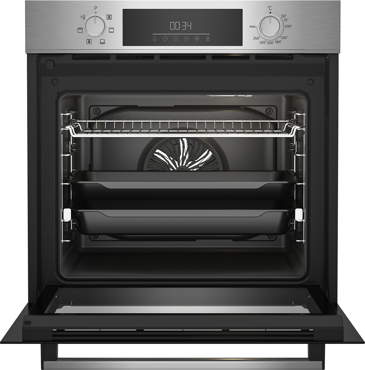 Un horno moderno de acero inoxidable con la puerta abierta, mostrando dos bandejas y un ventilador.