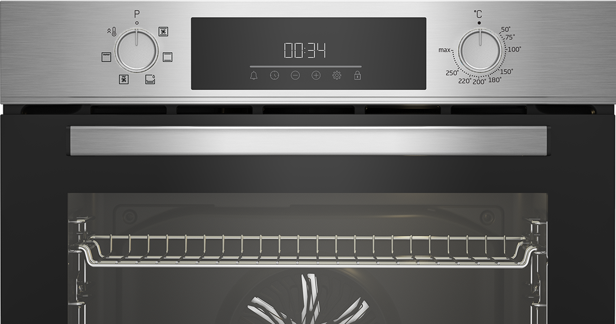 Un horno moderno con pantalla digital, mandos giratorios y un asa de metal.
