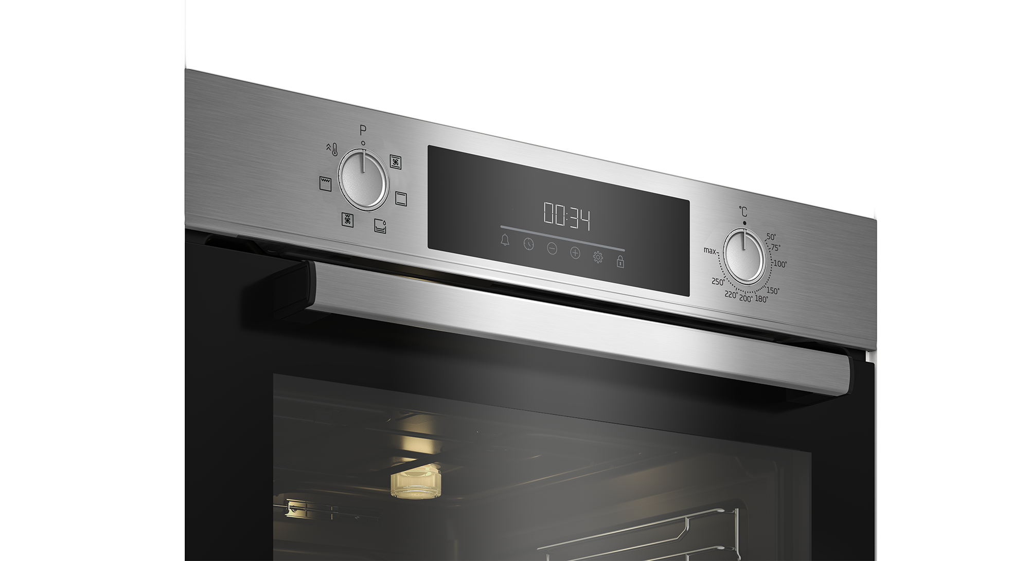 Frente de horno de acero inoxidable con temporizador digital (00:34) y perillas.