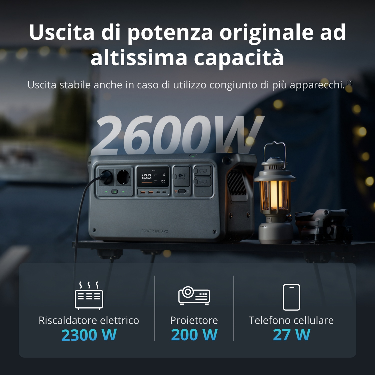 Centrale elettrica portatile da 2600W, accanto a una lanterna e un drone.
