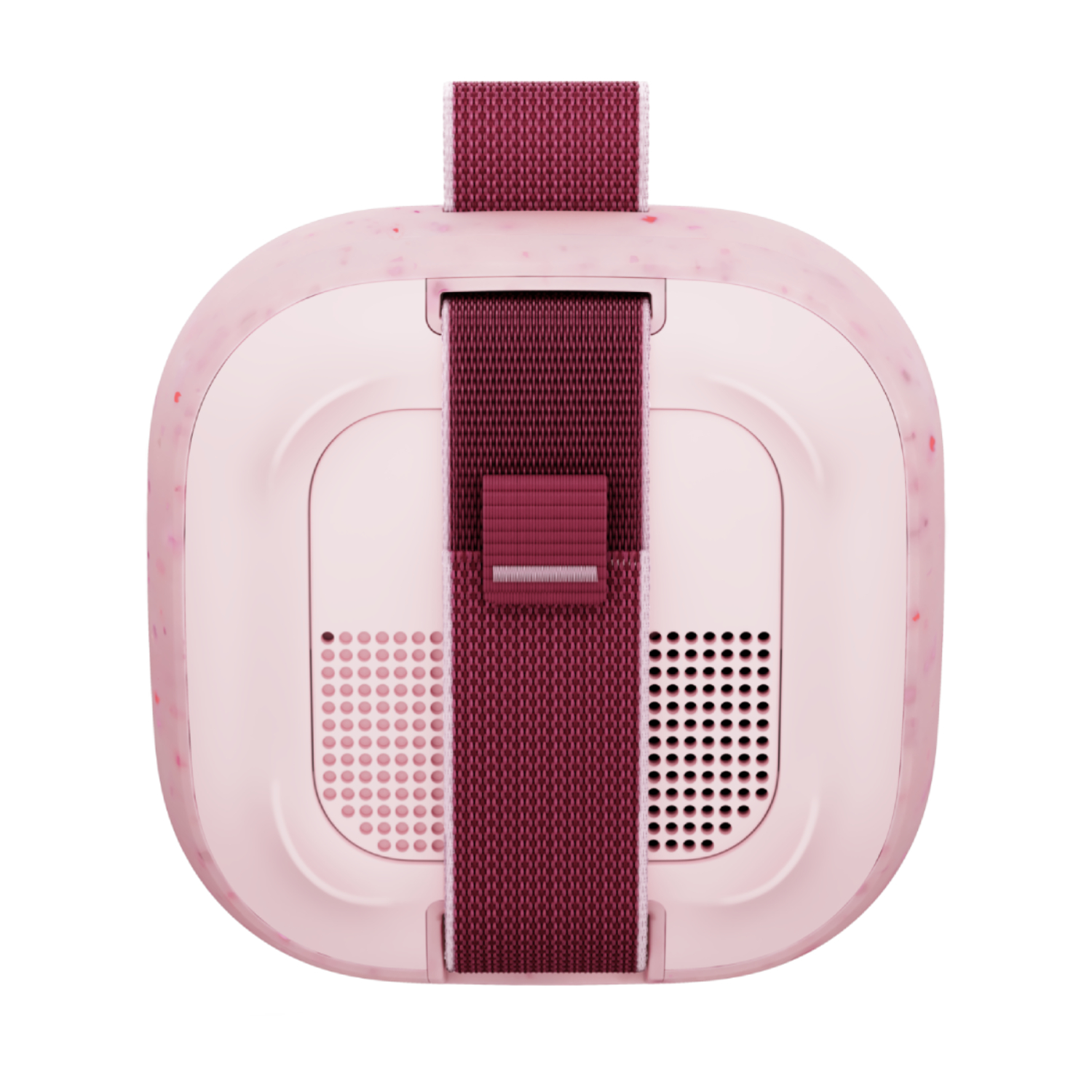 Un altoparlante rosa con cinghie e griglie per altoparlanti rosso scuro.