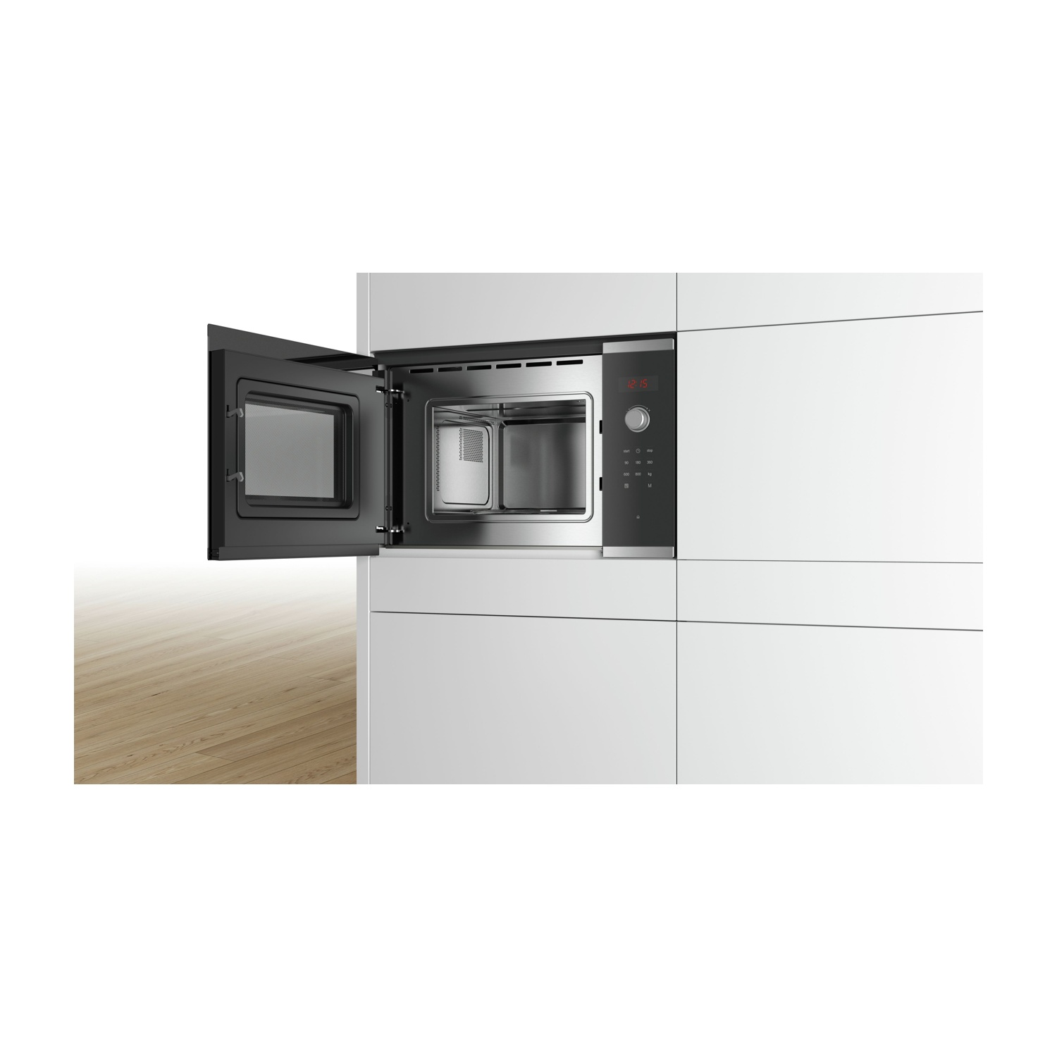 Un microonde da incasso moderno con porta aperta, interno argentato e display digitale.