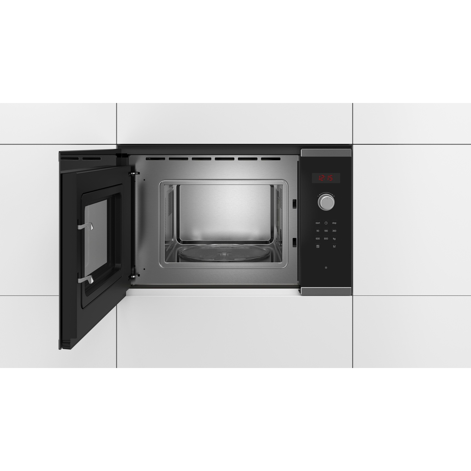 Un microonde da incasso moderno con porta aperta, interno argentato e pannello di controllo nero.