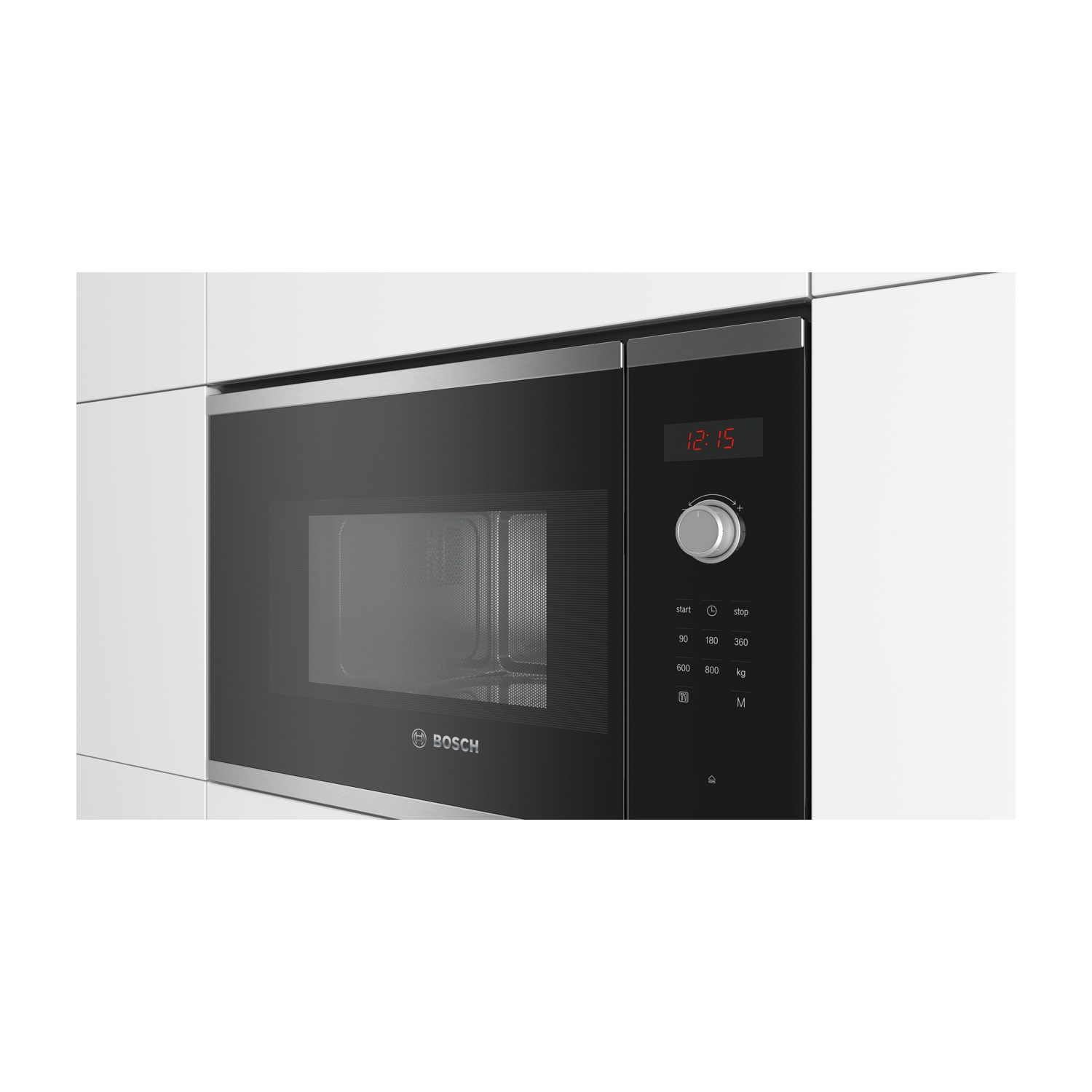 Un moderno forno a microonde da incasso Bosch con porta nera e display digitale.
