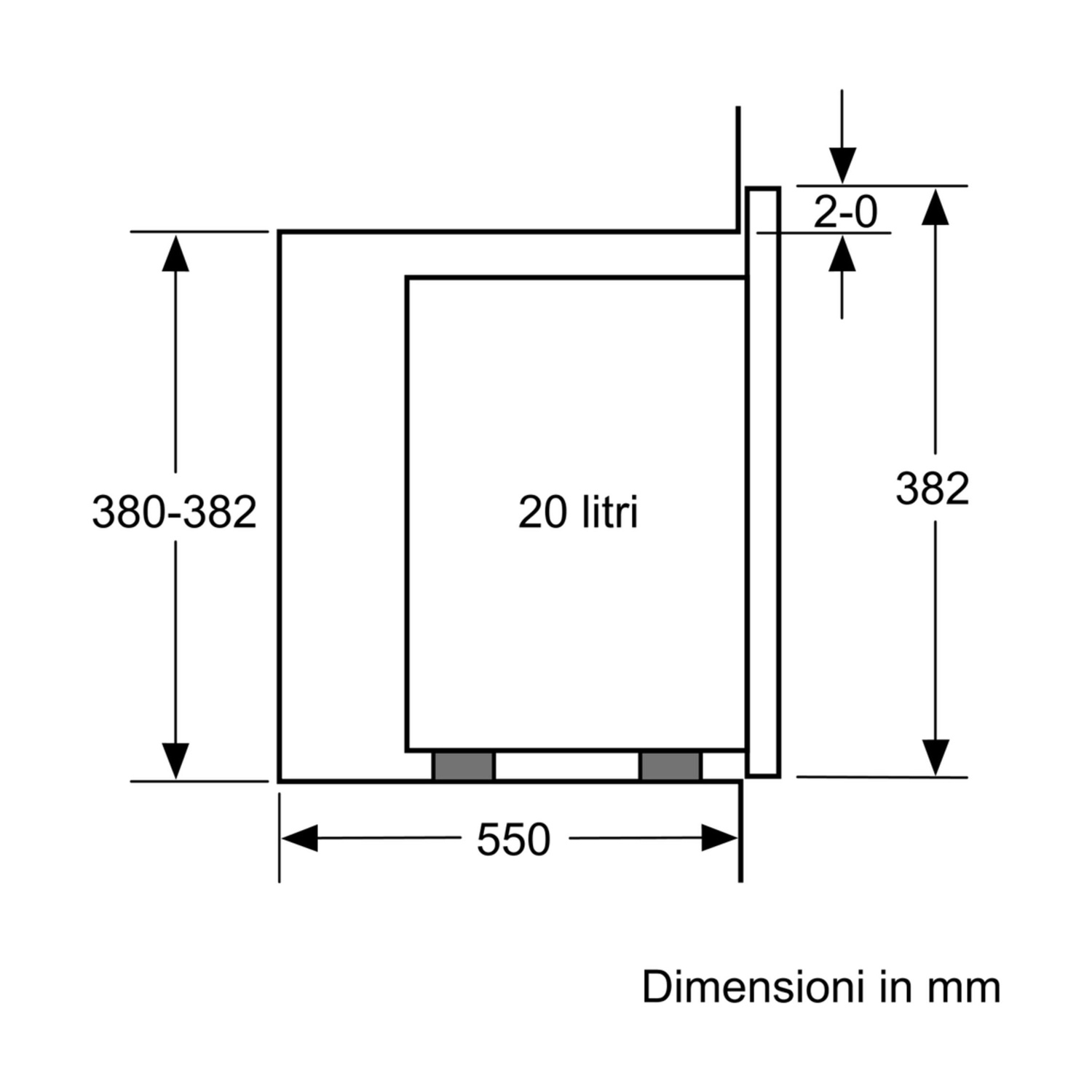 Disegno tecnico con dimensioni: Altezza 380-382mm, Larghezza 550mm, Profondità 382mm.