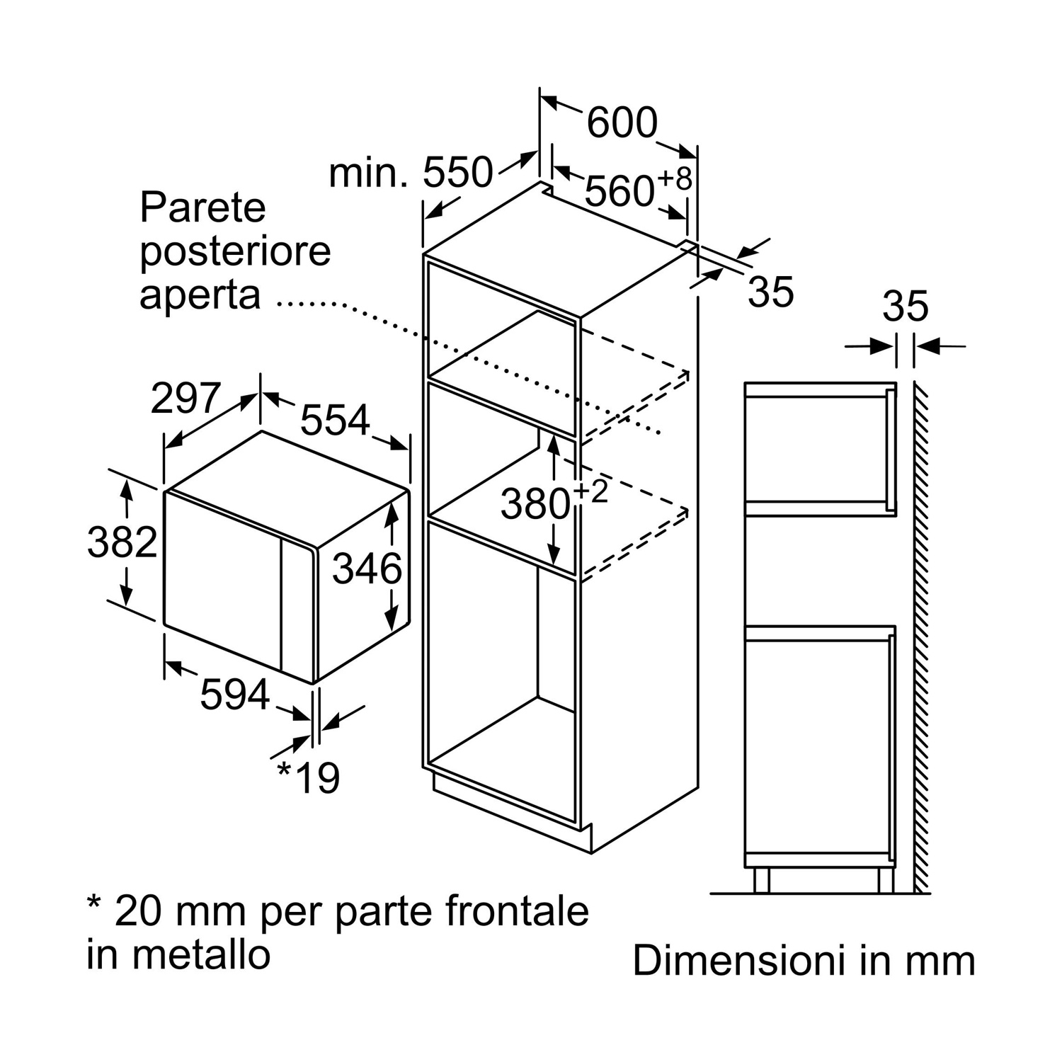 Disegno tecnico con dimensioni per mobili da incasso. Mostra un forno e un mobile.
