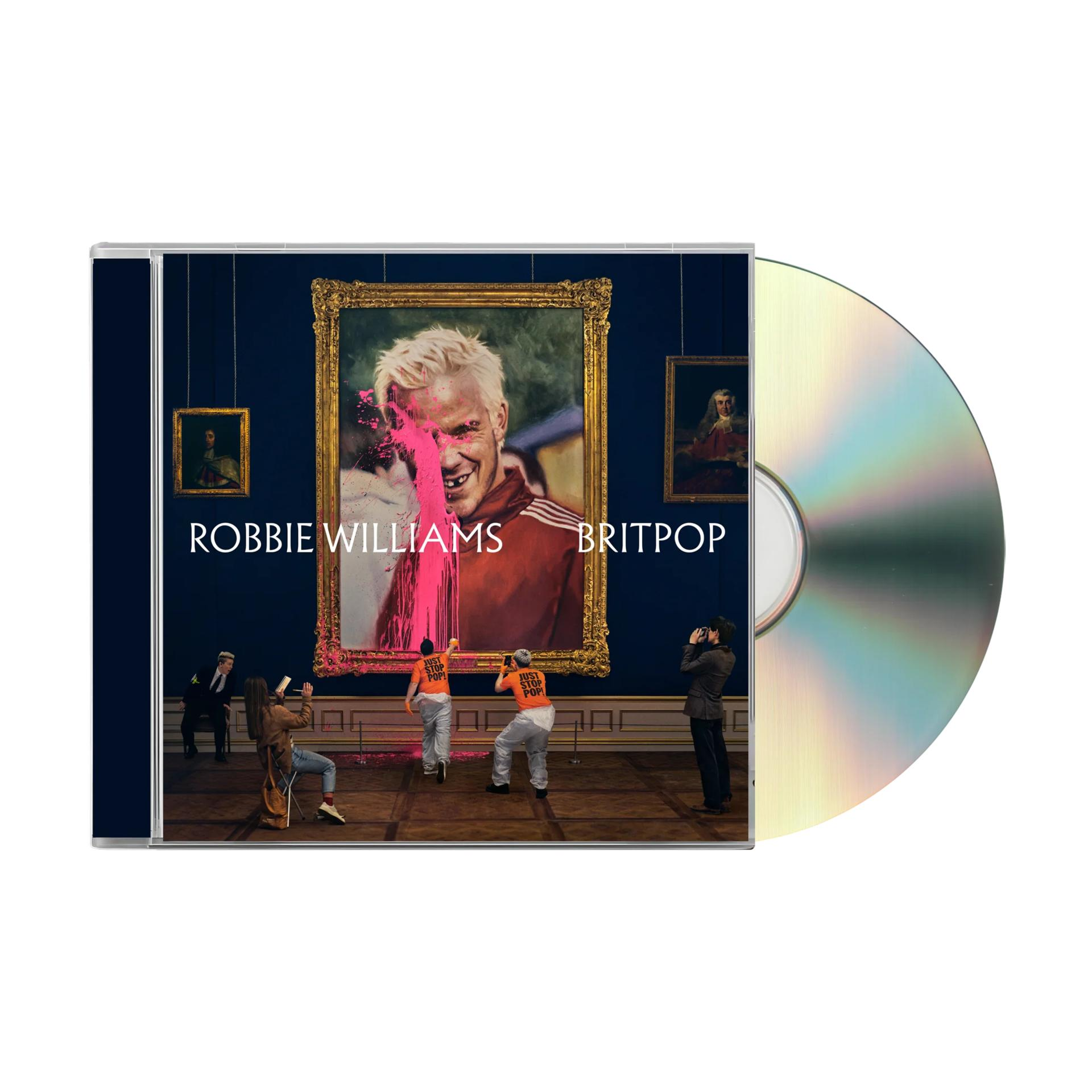 CD-Cover mit Porträt von Robbie Williams, besprüht mit rosa Farbe, daneben eine CD.