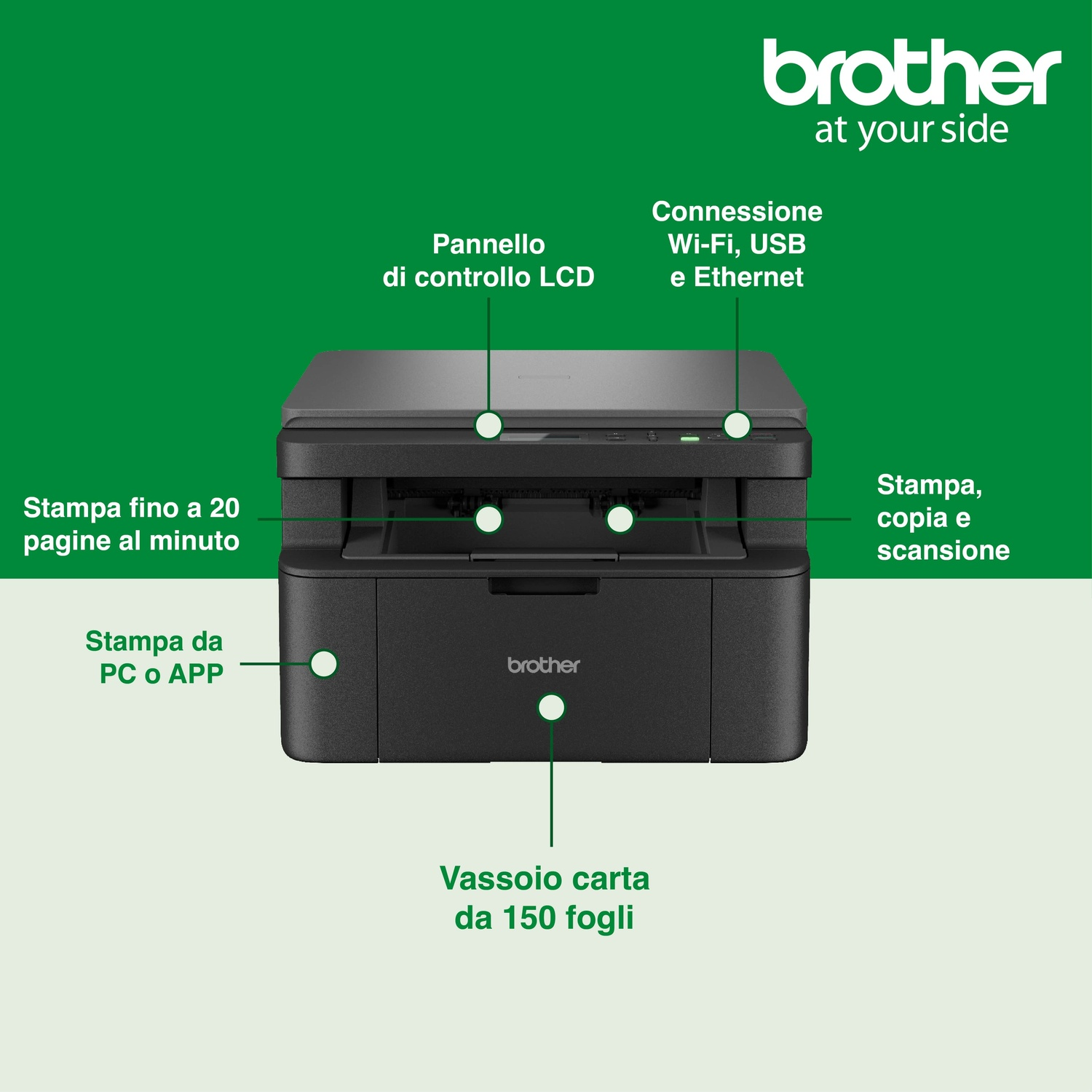 Stampante Brother nera con pannello LCD, vassoio carta e funzione stampa/copia/scansione.
