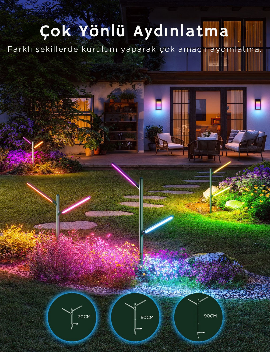 Renkli LED bahçe aydınlatmaları ve veranda mobilyaları.