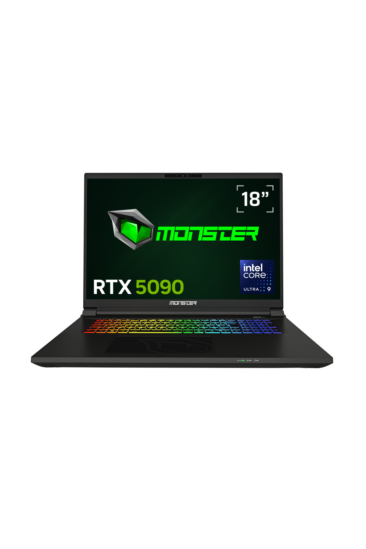 Işıklı klavyeli siyah dizüstü bilgisayar, Monster logosu ve RTX 5090 içeren 18 inç ekran.