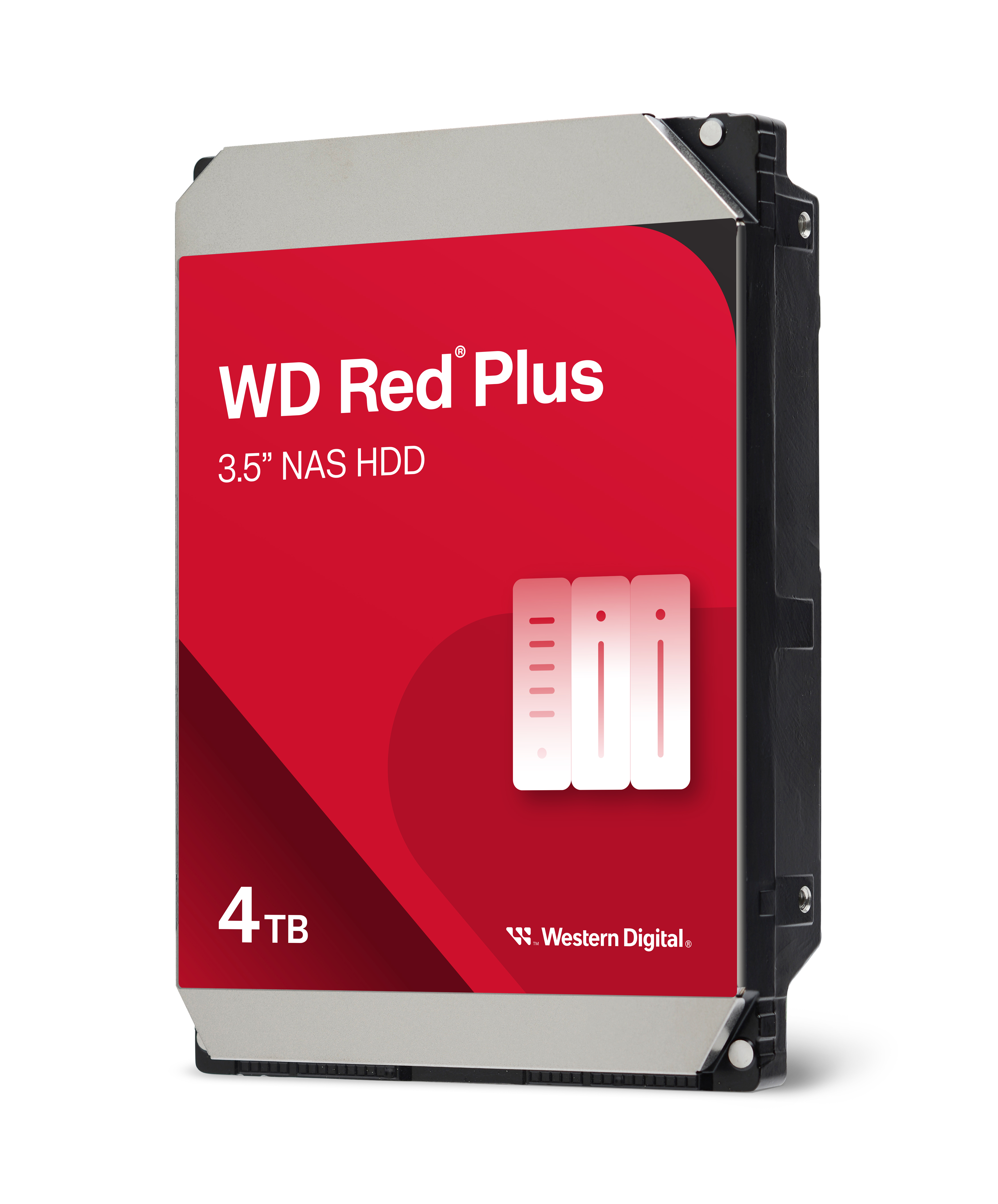 Eine 4TB WD Red Plus 3.5 Zoll NAS HDD mit rotem Etikett.