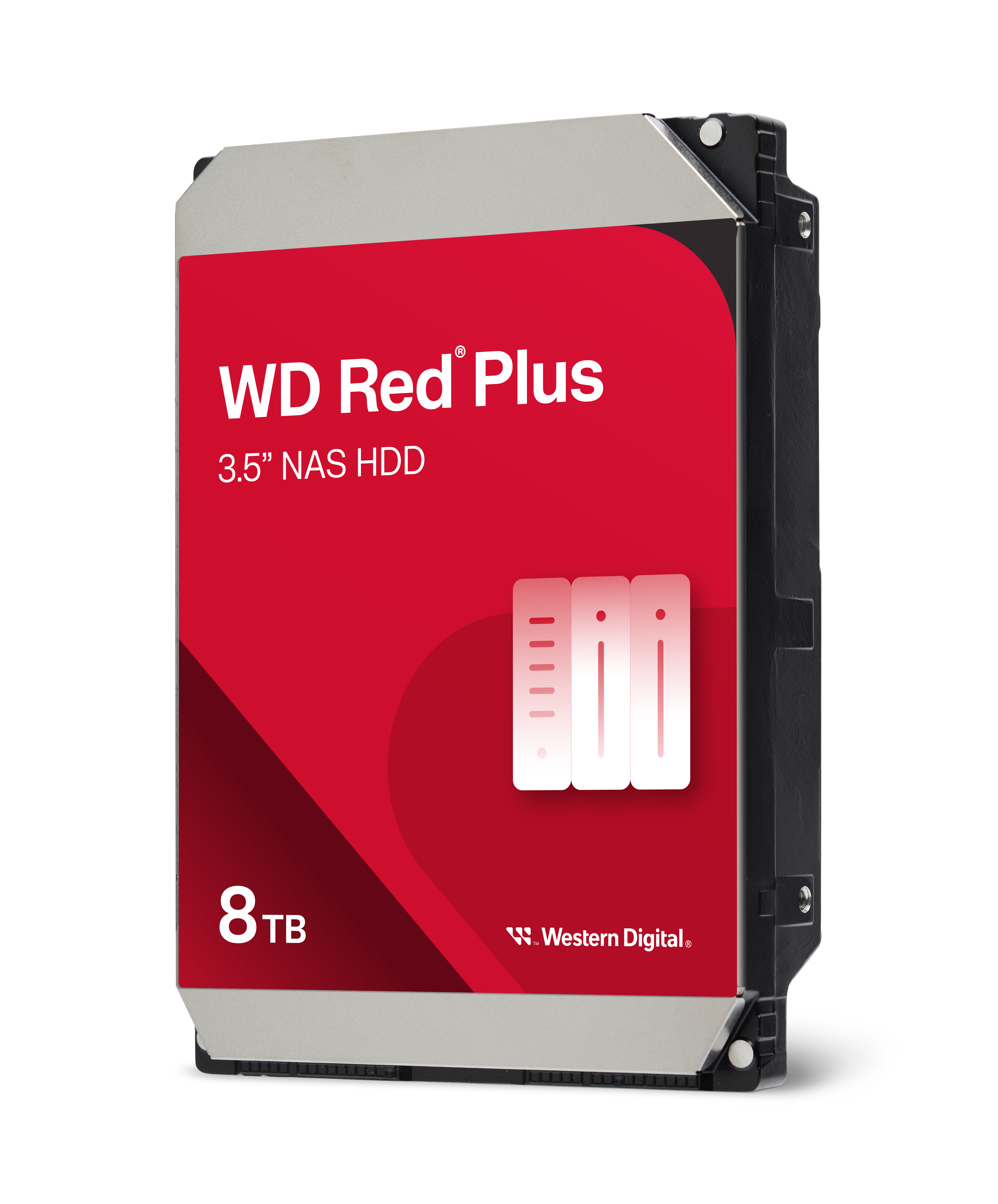 WD Red Plus 8TB NAS HDD, mit roter Vorderseite und silbernem Gehäuse.