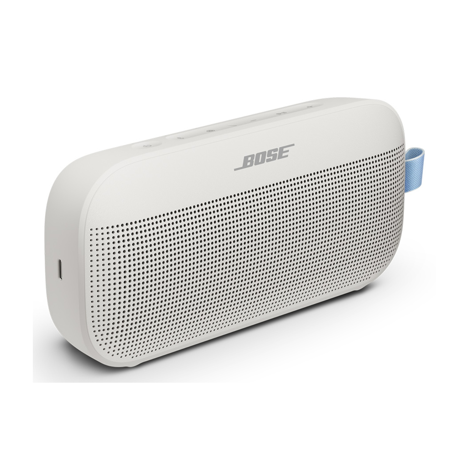 Ein weißer Bose Lautsprecher mit blauer Schlaufe, auf weißem Grund.
