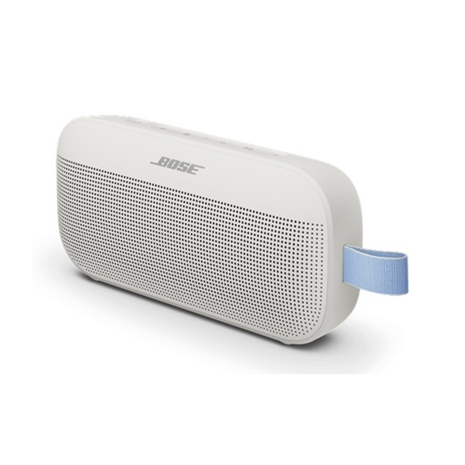 Weiße Bose-Box mit blauer Schlaufe. Lochmuster auf der Vorderseite.