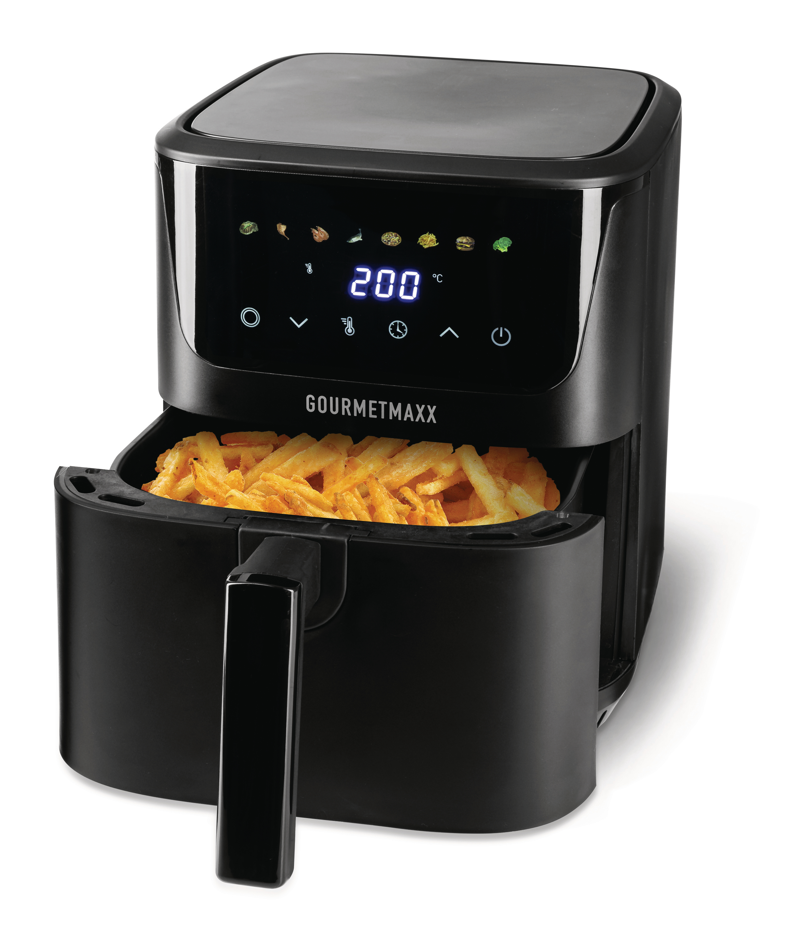 Schwarzer Heißluftfritteuse mit Pommes gefülltem Korb und digitaler Anzeige.